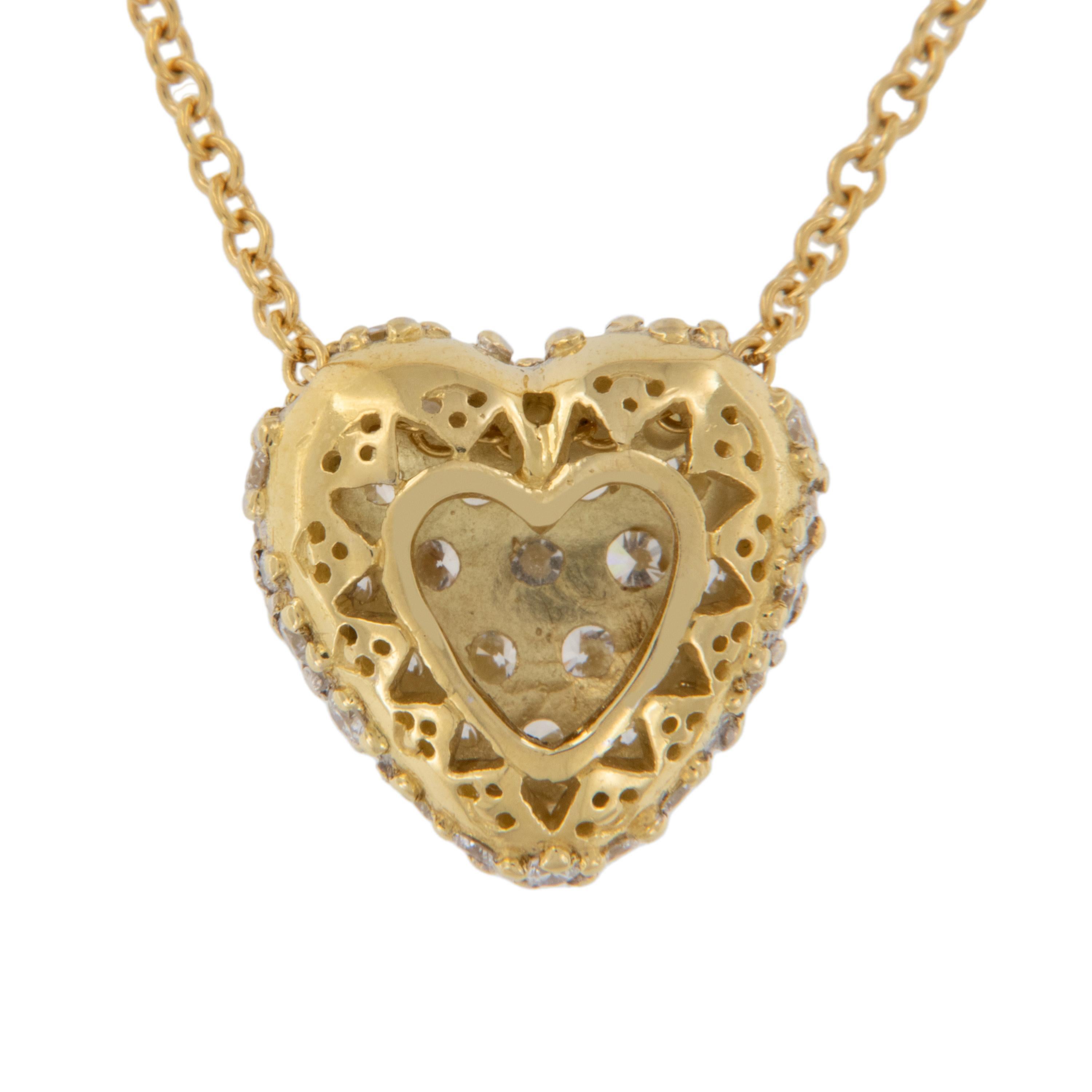 Round Cut 18 Karat Yellow Gold 1.50 Cttw Diamond Puffy Heart Necklace by Patrick Irla For Sale