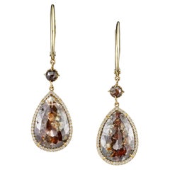 18 Karat Yellow Gold 15.21ct Rustic Diamond Dangle Earrings 