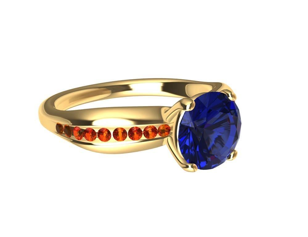 For Sale:  18 Karat Yellow Gold 1.55 Carat Sapphire and Orange Spinels Cocktail Ring 10