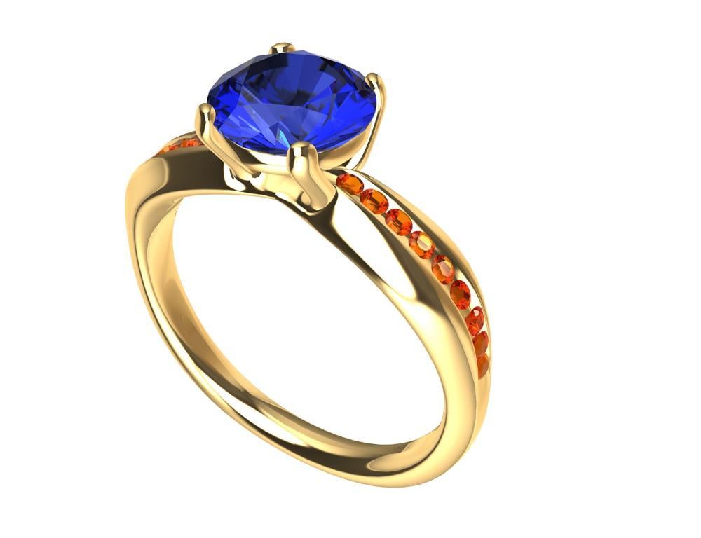 For Sale:  18 Karat Yellow Gold 1.55 Carat Sapphire and Orange Spinels Cocktail Ring 2