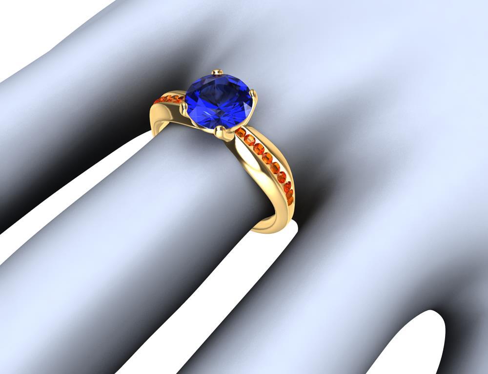 For Sale:  18 Karat Yellow Gold 1.55 Carat Sapphire and Orange Spinels Cocktail Ring 7