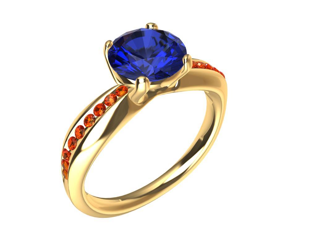 For Sale:  18 Karat Yellow Gold 1.55 Carat Sapphire and Orange Spinels Cocktail Ring 8