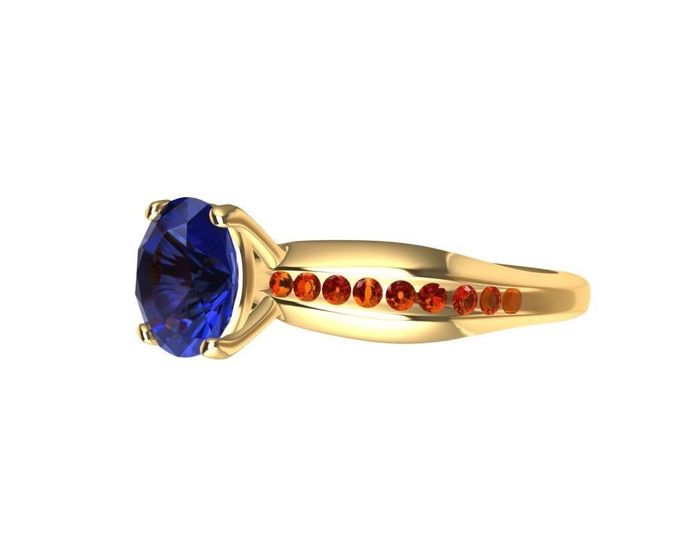 For Sale:  18 Karat Yellow Gold 1.55 Carat Sapphire and Orange Spinels Cocktail Ring 9