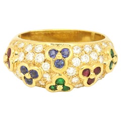 18 Karat Yellow Gold 1.56 Carat Sapphire, Ruby, Emerald and Diamonds Dome Ring