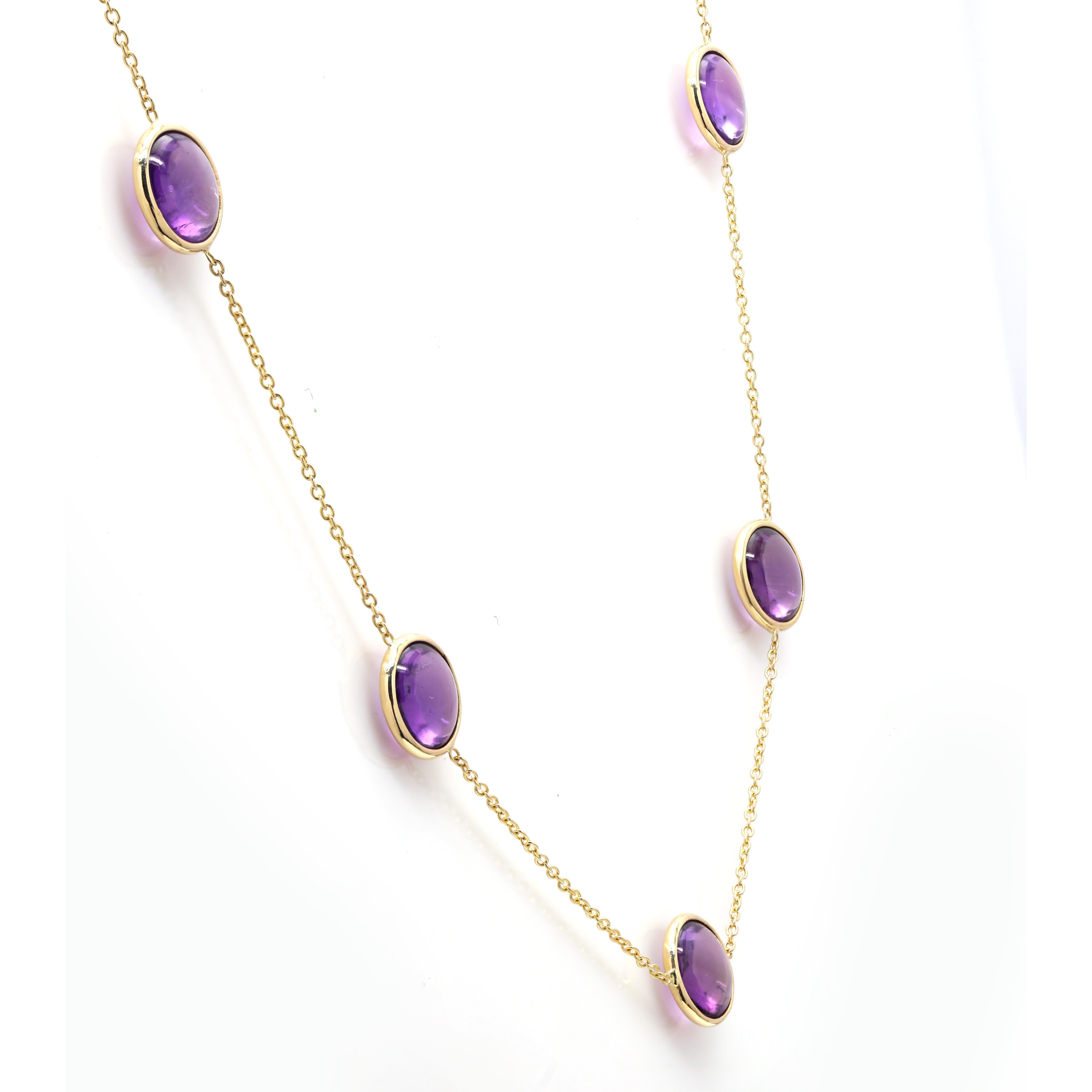 Amethyst Station Necklace studded with round cut amethyst studded on a chain in 18k Gold. This stunning piece of jewelry instantly elevates a casual look or dressy outfit. 
Amethyst helps to relieve stress and anxiety in your life. 
Designed with