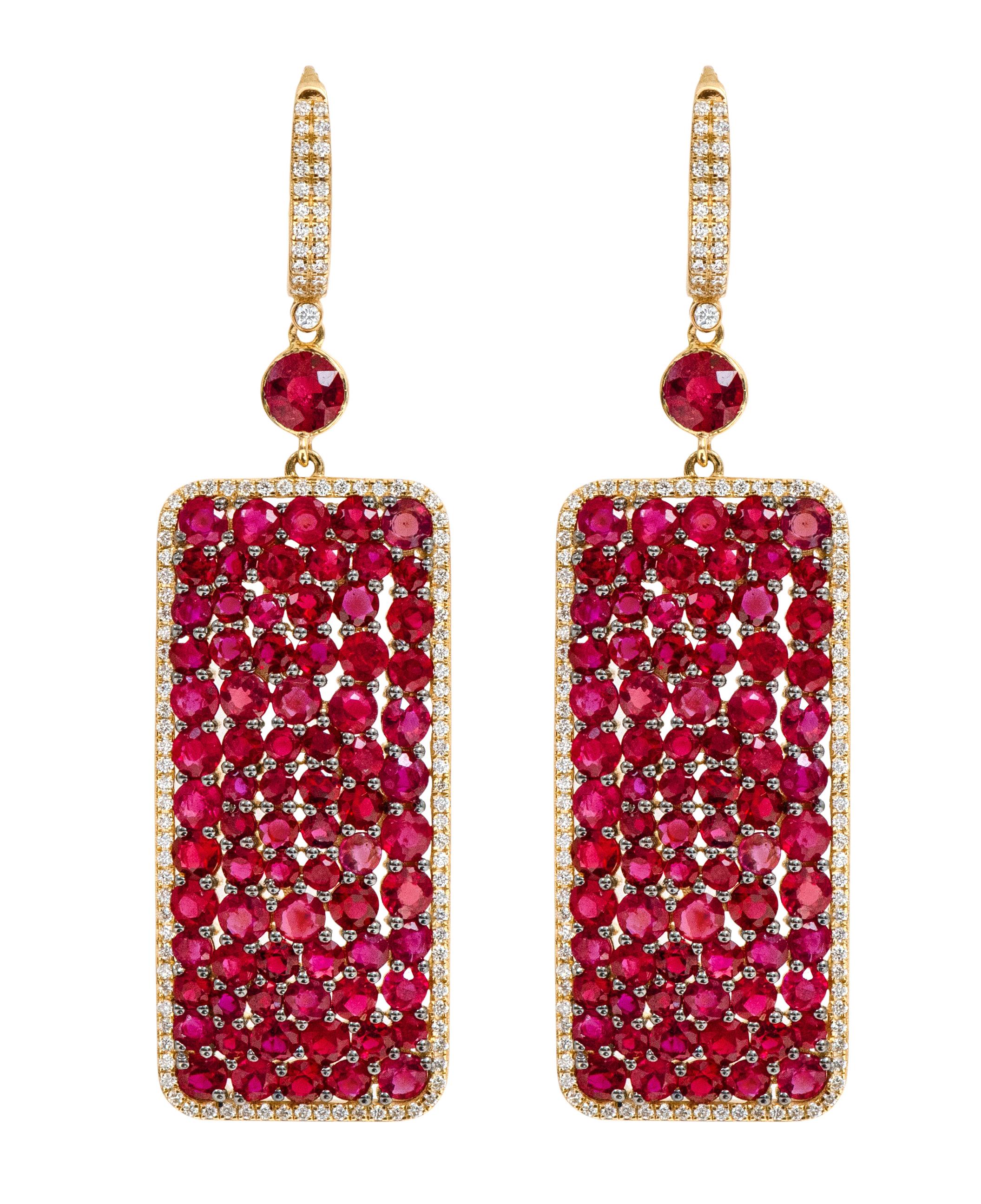 Contemporary 18 Karat Yellow Gold 16.35 Carat Ruby and Diamond Drop Earrings For Sale