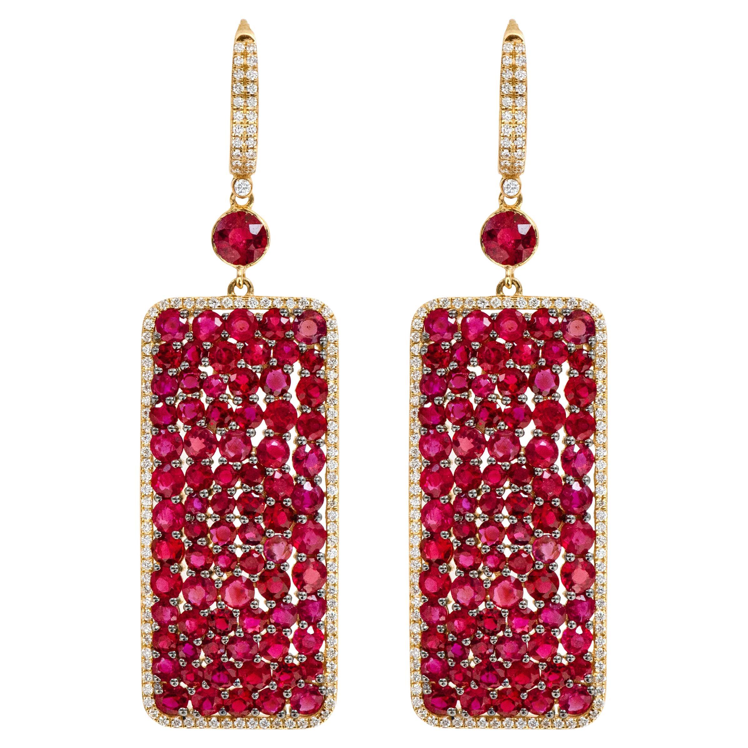 18 Karat Yellow Gold 16.35 Carat Ruby and Diamond Drop Earrings For Sale