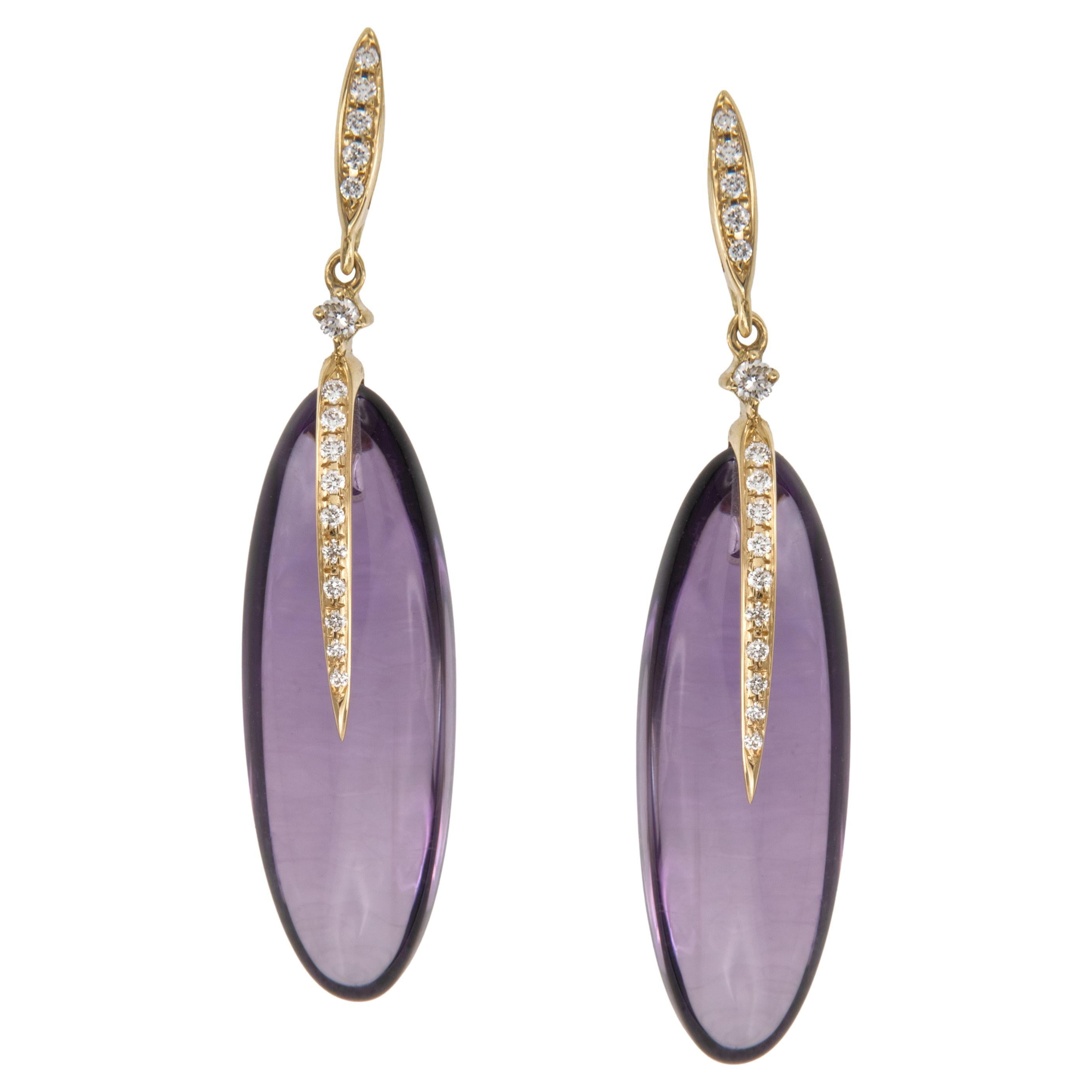 18 Karat Yellow Gold 16.48 Cttw Amethyst and 0.12 Cttw Diamond Dangle Earrings For Sale
