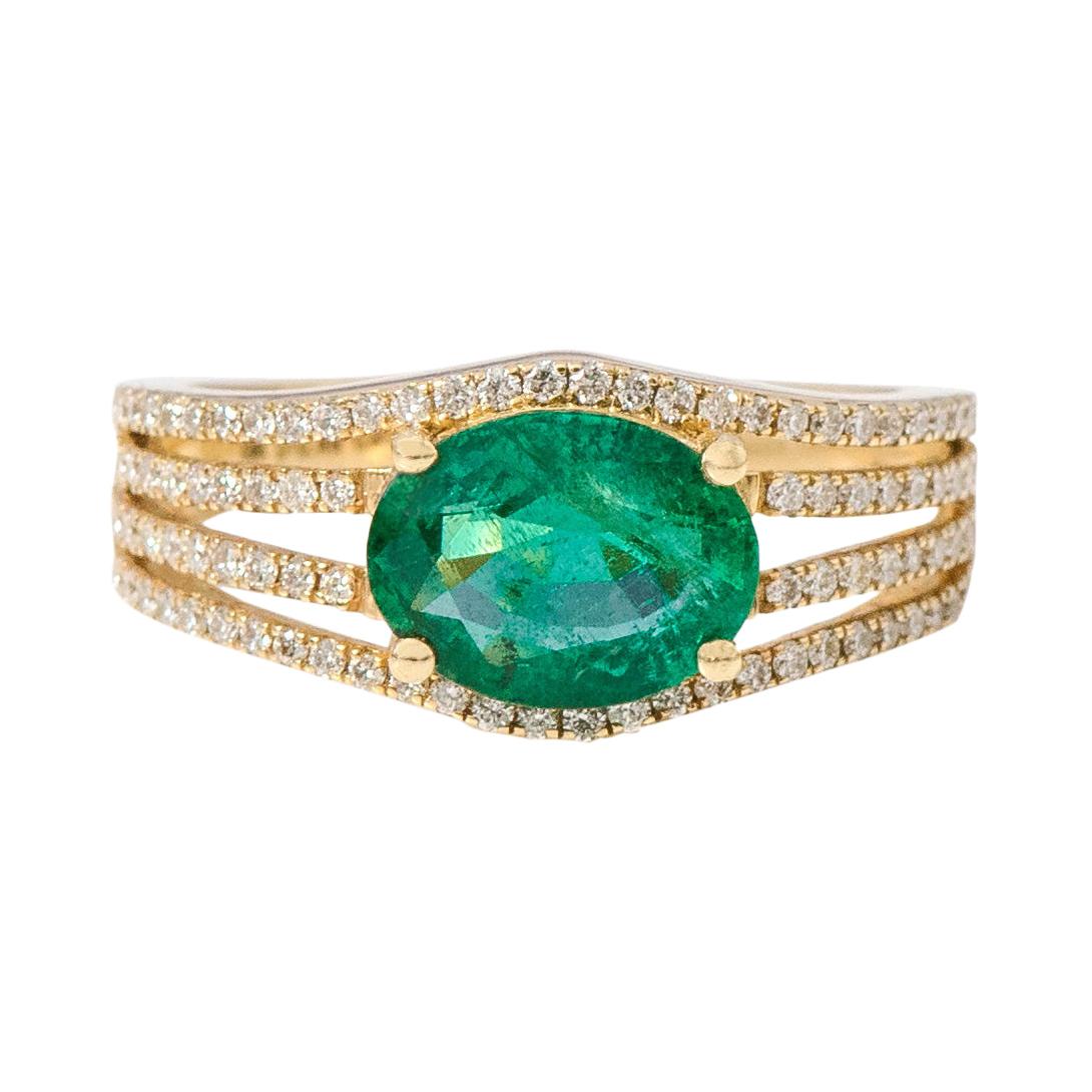 18 Karat Yellow Gold 1.68 Carat Natural Green Emerald and Diamond Statement Ring For Sale