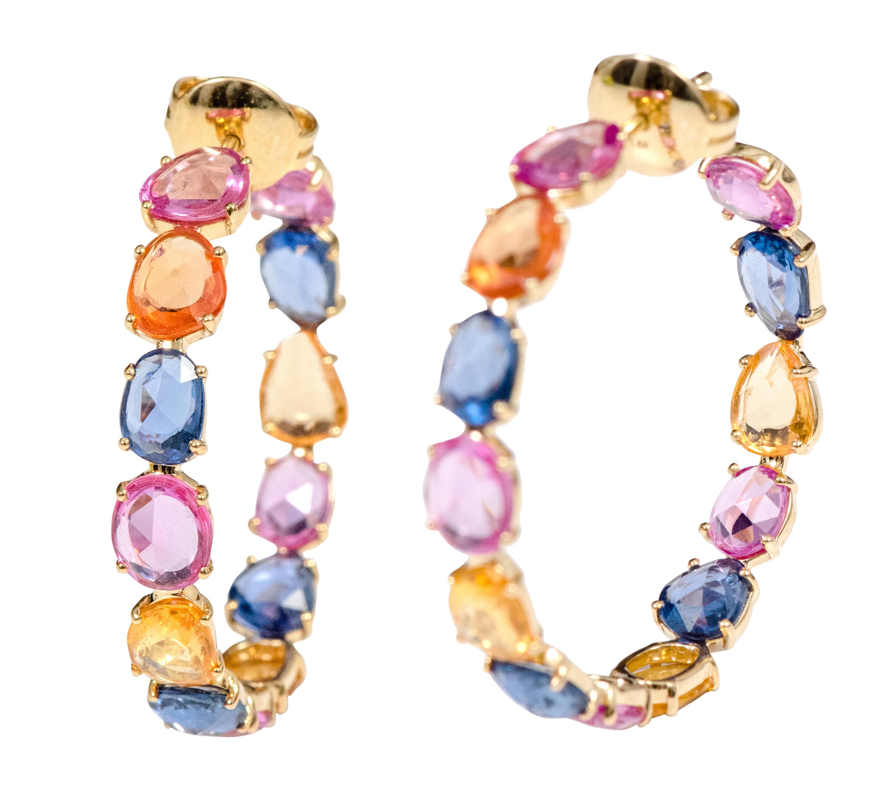 Contemporary 18 Karat Yellow Gold 17.42 Carat Multi-Color Sapphire Hoop Earrings  For Sale