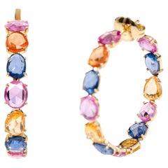 18 Karat Yellow Gold 17.42 Carat Multi-Color Sapphire Hoop Earrings 