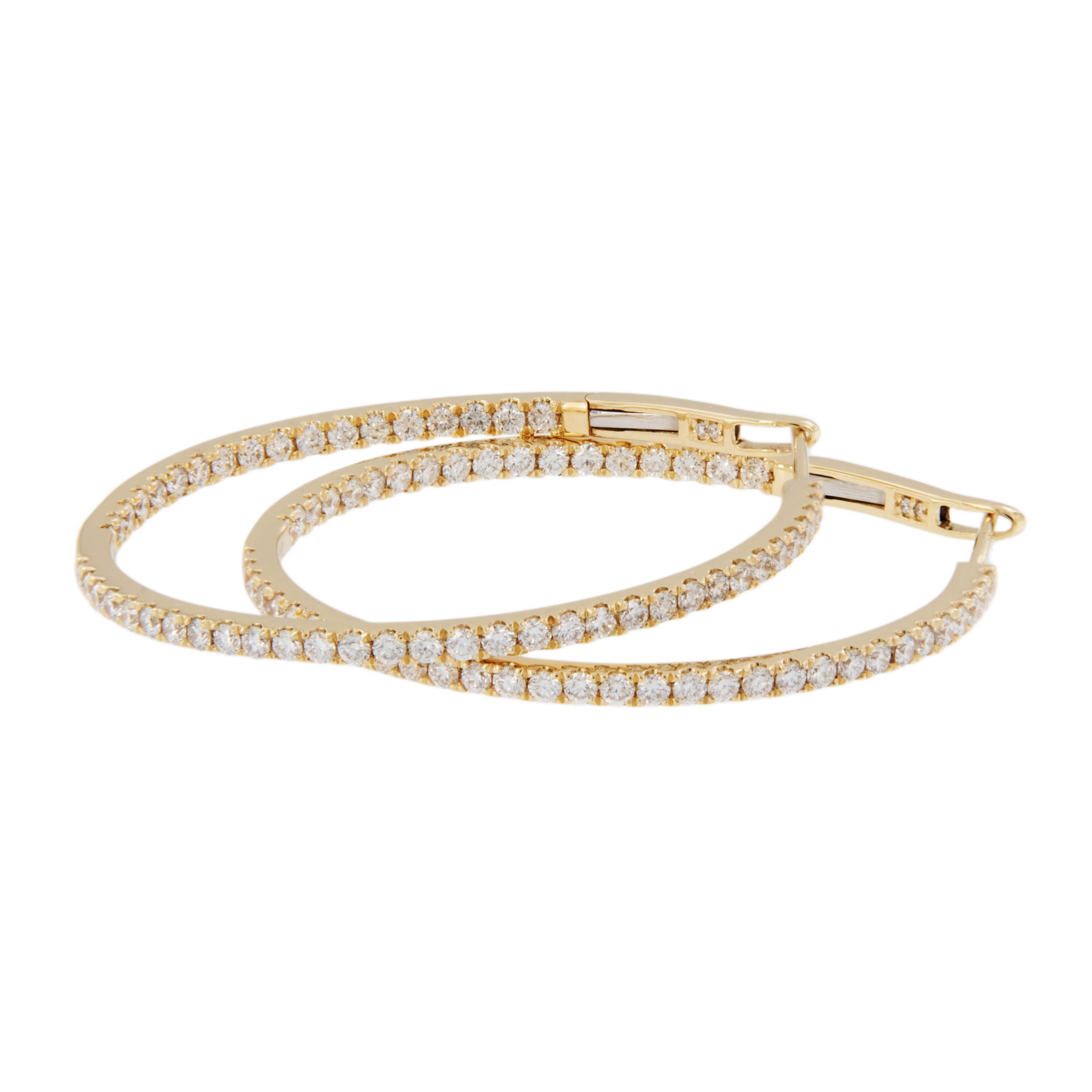These are the most durable diamond hoops you can get - solid with no hinge to wear out or become loose. Top that off with rich 18 karat yellow gold and 104 RBC diamonds = 1.76 Cttw being VS and F - G - H color  you can't go wrong. Timeless look that
