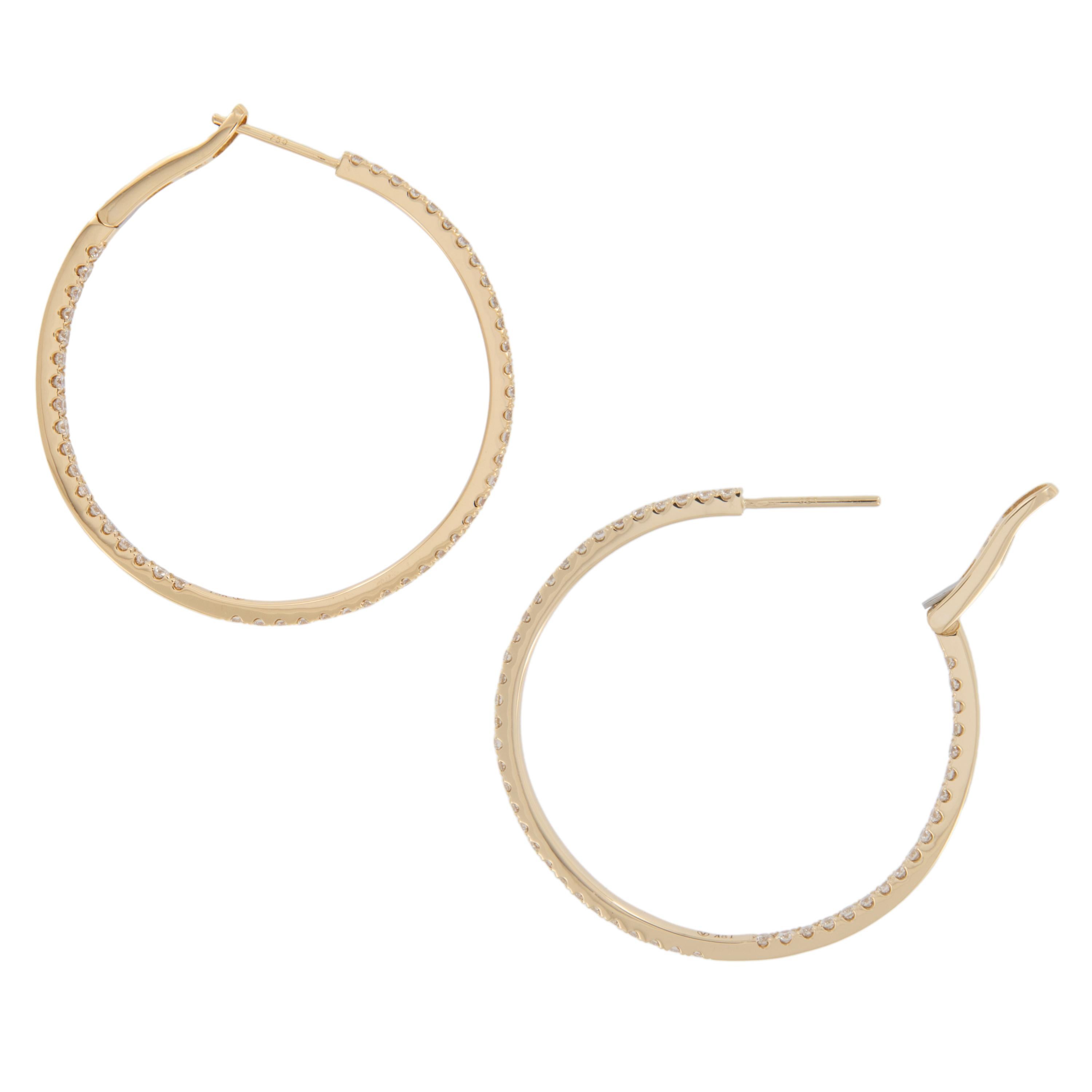Contemporary 18 Karat Yellow Gold 1.76 Cttw Diamond Inside Outside Hoop Earrings For Sale