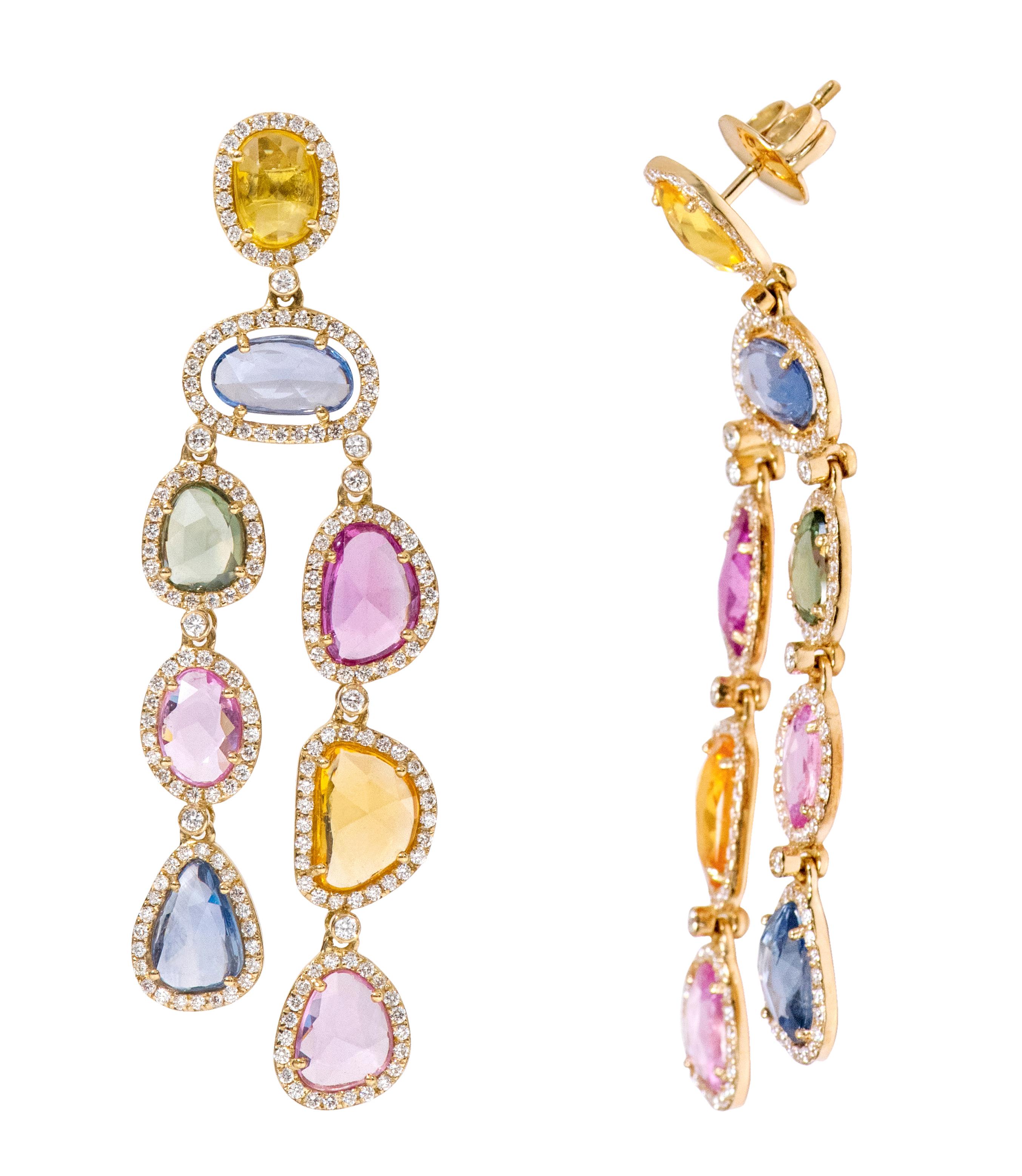 18 Karat Yellow Gold 17.91 Carat Multi-Color Sapphire and Diamond Drop Earrings 

This fascinating contemporary rainbow multi-sapphire and diamond cluster hanging earring is phenomenal. The earring is designed stylishly with uneven shape and mix