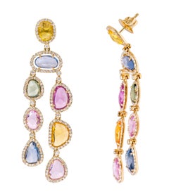 18 Karat Yellow Gold 17.91 Carat Multi-Color Sapphire and Diamond Drop Earrings