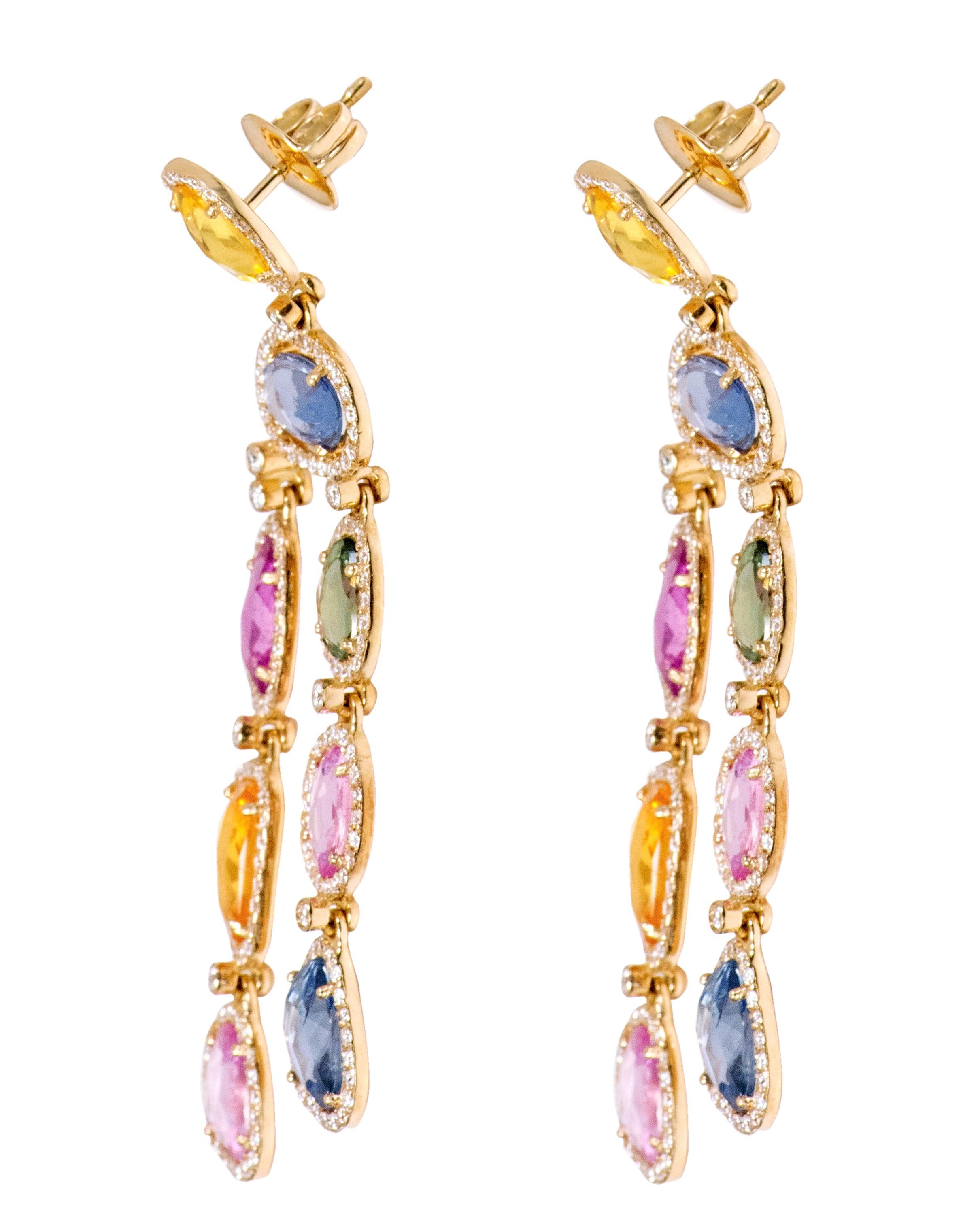 Rose Cut 18 Karat Yellow Gold 17.91 Carat Multi-Color Sapphire and Diamond Drop Earrings  For Sale