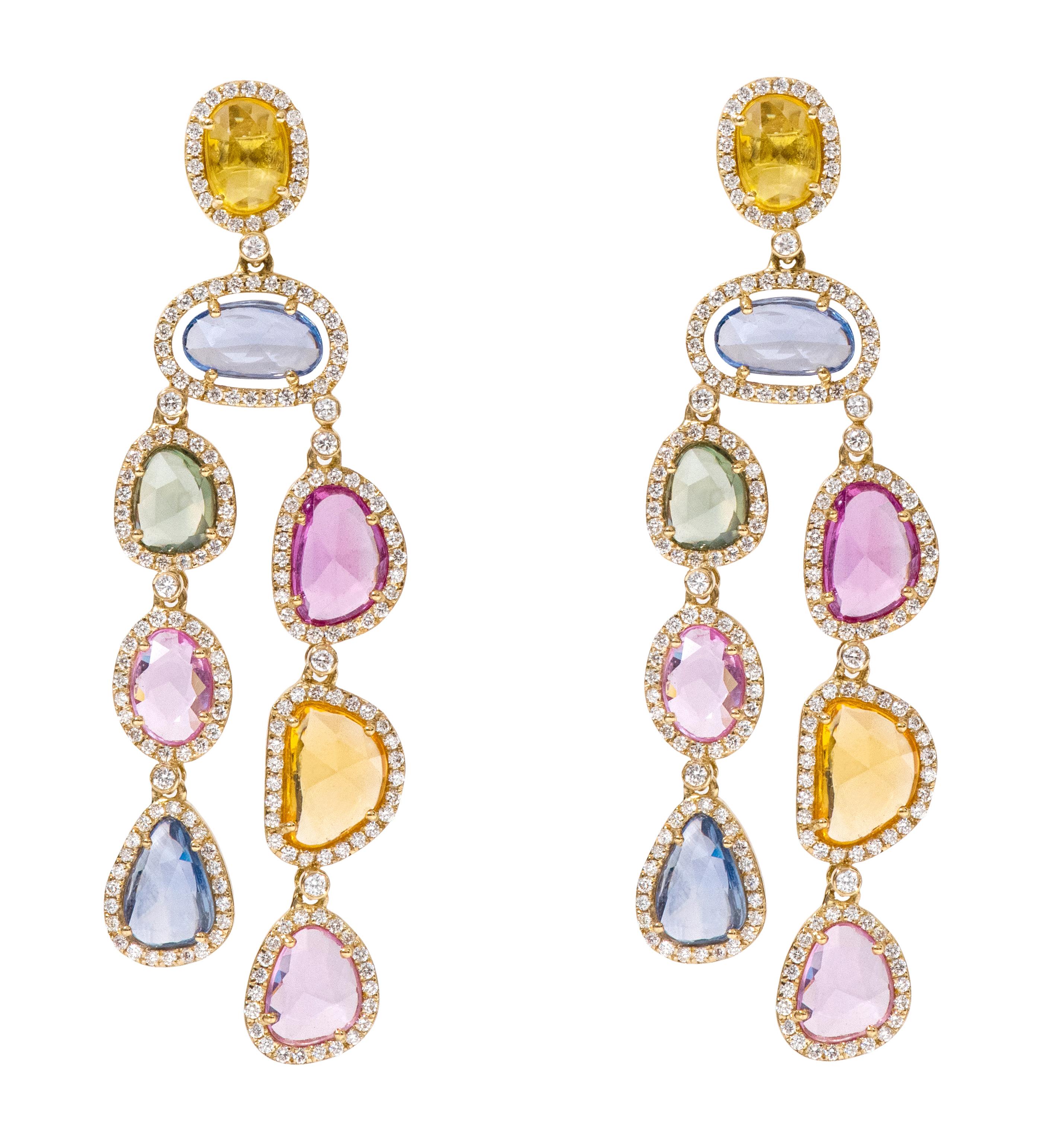 18 Karat Yellow Gold 17.91 Carat Multi-Color Sapphire and Diamond Drop Earrings  In New Condition For Sale In Jaipur, IN