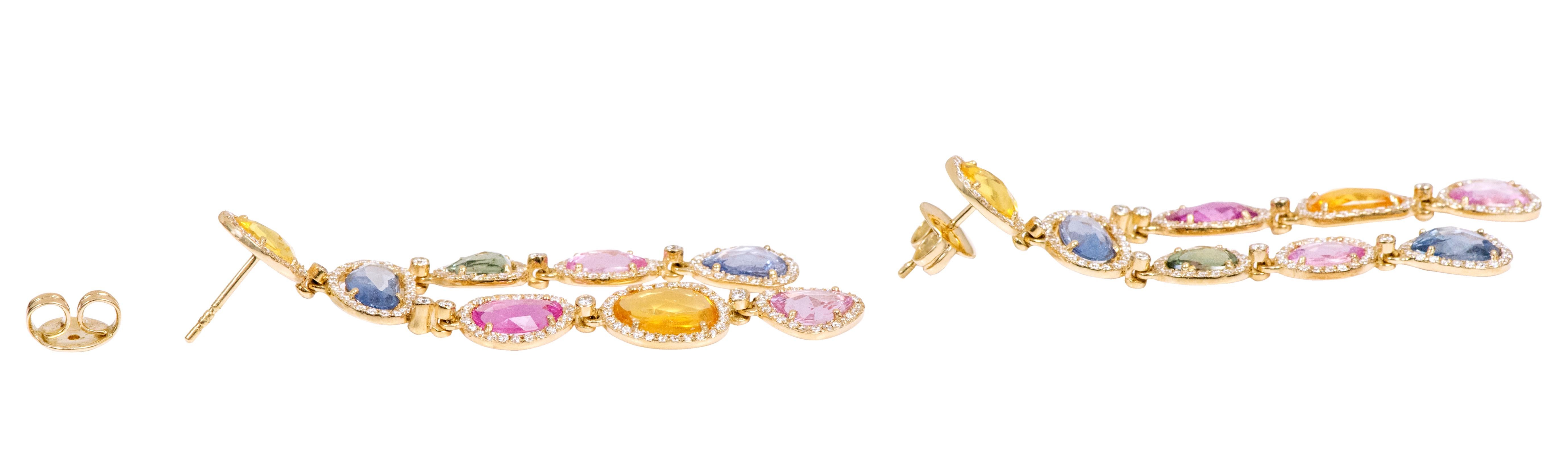 Women's or Men's 18 Karat Yellow Gold 17.91 Carat Multi-Color Sapphire and Diamond Drop Earrings  For Sale