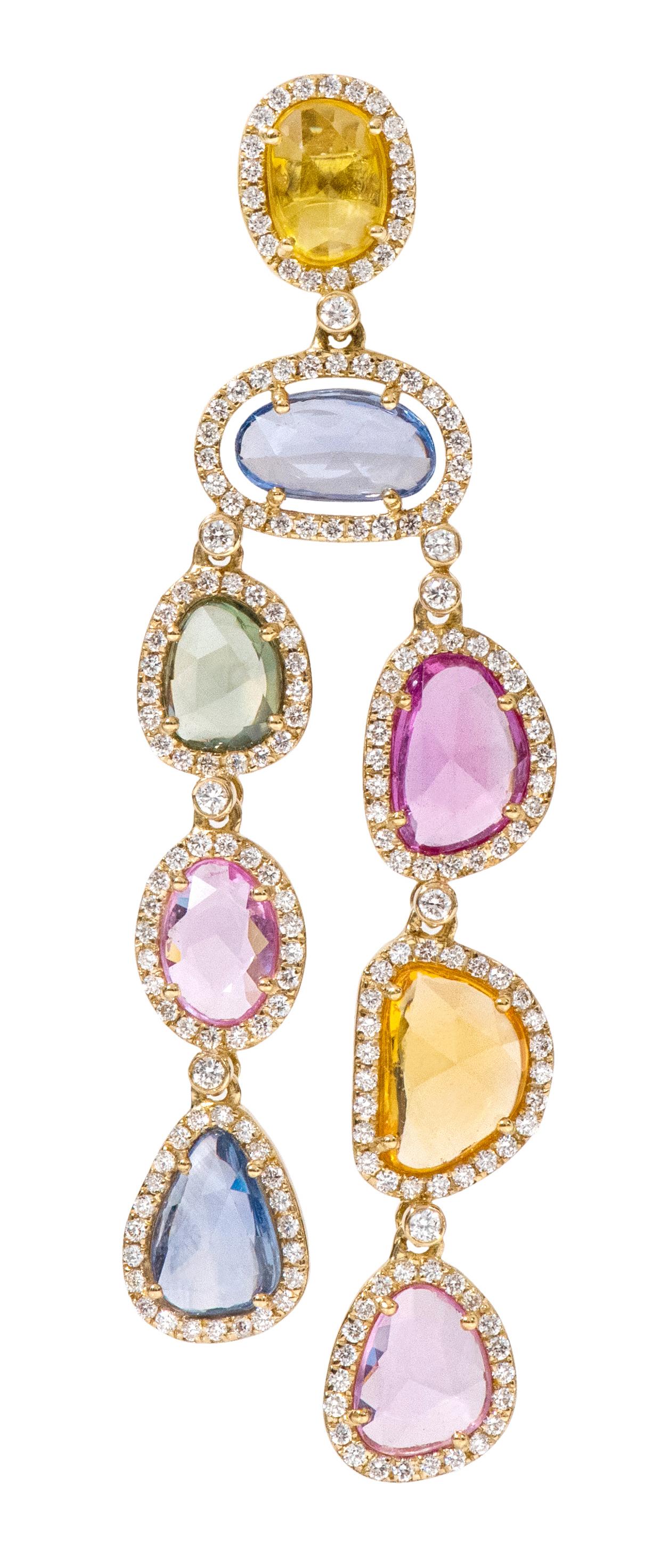 18 Karat Yellow Gold 17.91 Carat Multi-Color Sapphire and Diamond Drop Earrings  For Sale 1