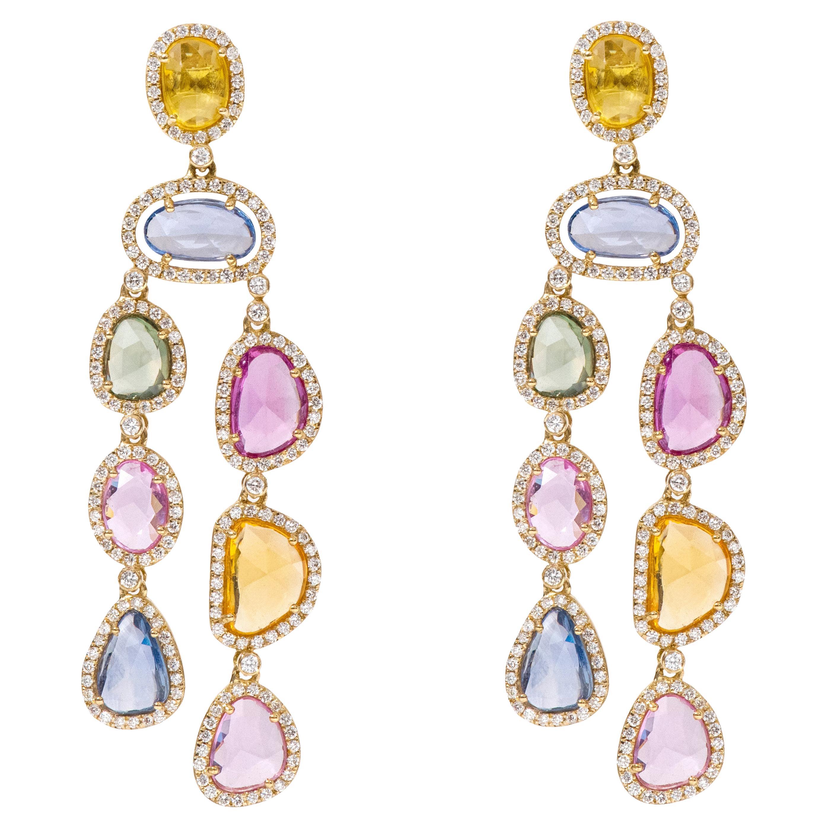 18 Karat Yellow Gold 17.91 Carat Multi-Color Sapphire and Diamond Drop Earrings  For Sale