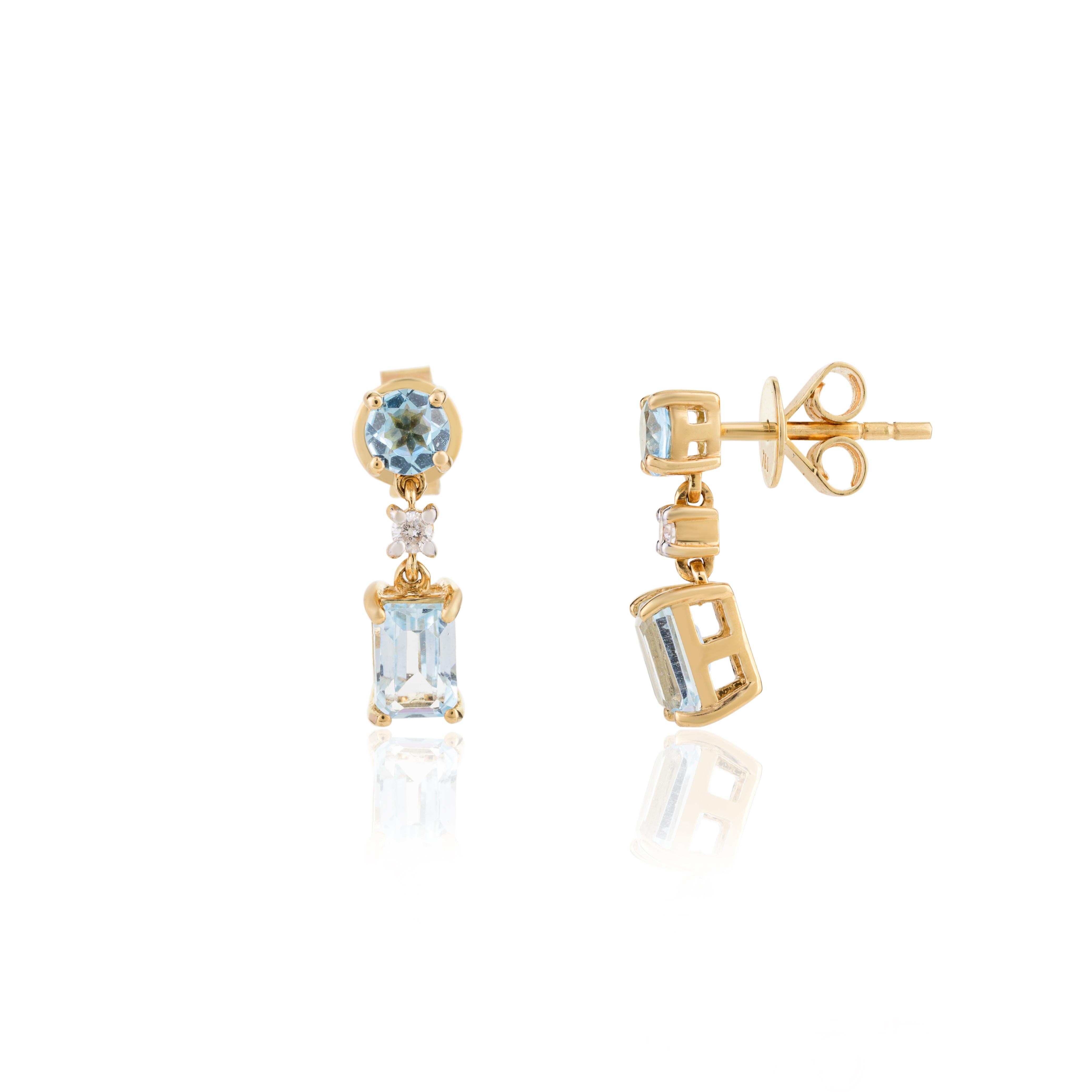 Orecchini pendenti in oro giallo 18 carati con topazio blu da 2 carati per donna In condizioni Nuovo in vendita a New York, NY