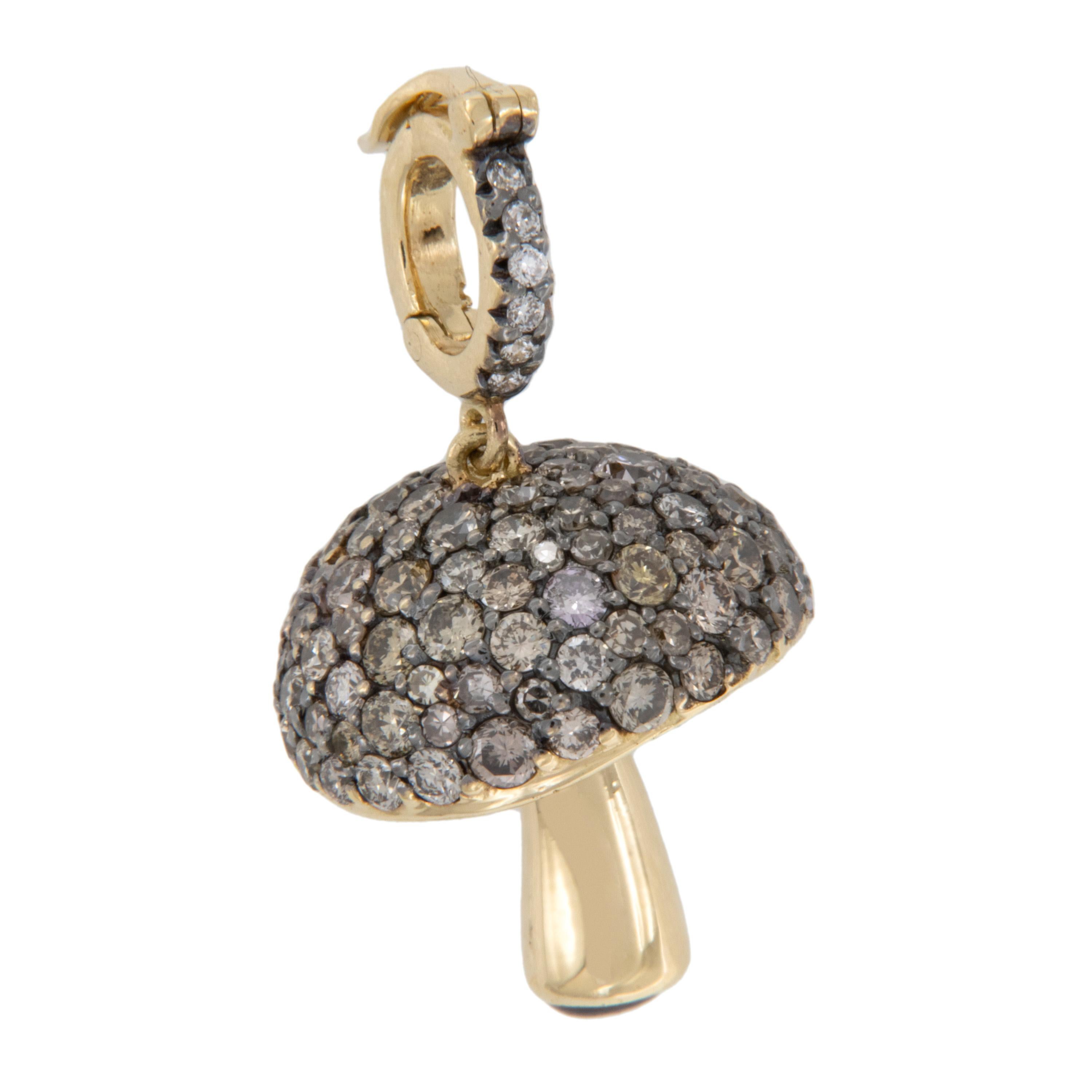 Crafted in rich 18 karat yellow gold this sweet mushroom is encrusted with 2.00 Cttw Fancy Gray diamond accented with black rhodium for a striking look! White diamonds accent the bail which is hinged making it easy to wear with your favorite chain