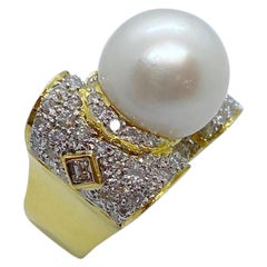 Vintage 18 Karat Yellow Gold, 2.04 Carat Diamond and South Sea Pearl Ring