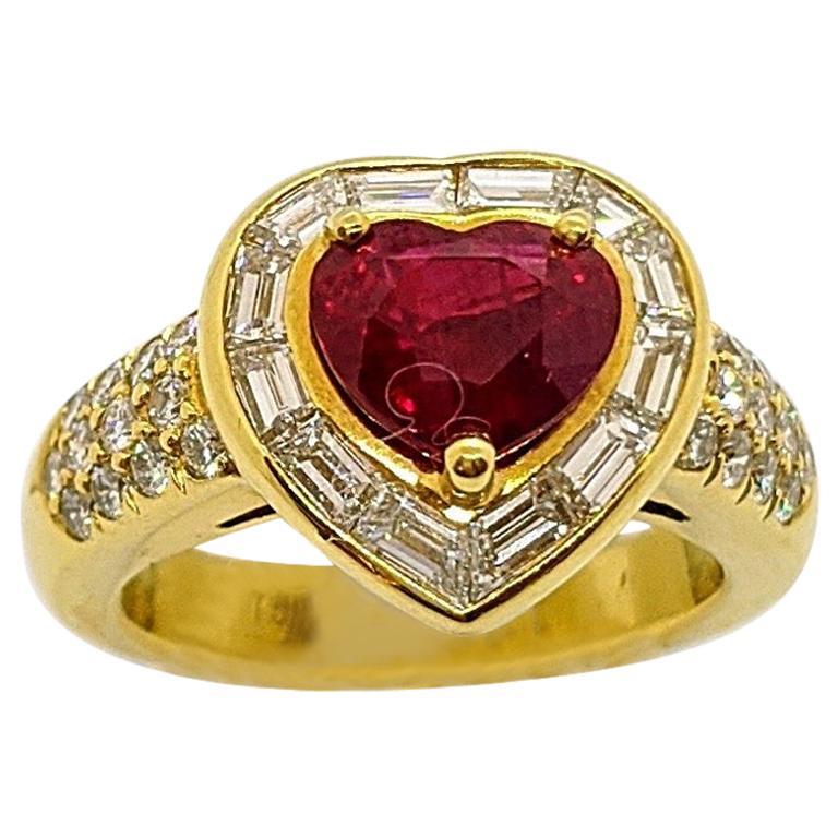 18 Karat Yellow Gold, 2.09 Carat Ruby Heart and 1.17 Carat Diamond Ring For Sale