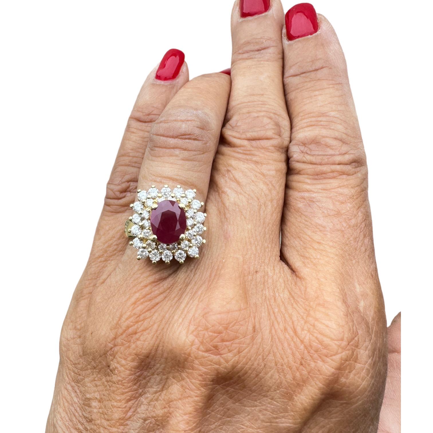 18 Karat Yellow Gold 2.10ct Burma Ruby and Diamond Halo Cluster Ring For Sale 4