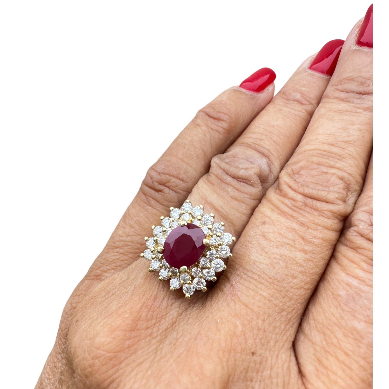18 Karat Yellow Gold 2.10ct Burma Ruby and Diamond Halo Cluster Ring For Sale 6
