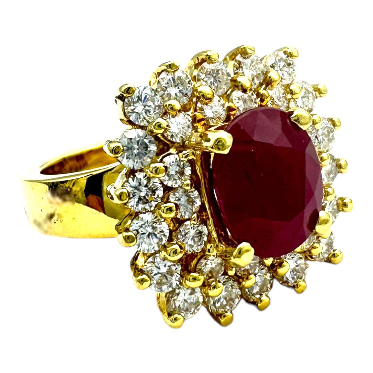 Contemporary 18 Karat Yellow Gold 2.10ct Burma Ruby and Diamond Halo Cluster Ring For Sale