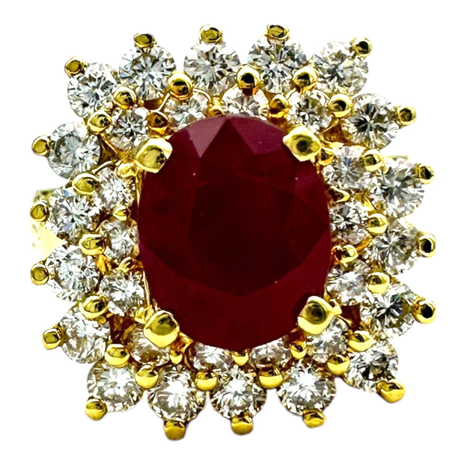 Oval Cut 18 Karat Yellow Gold 2.10ct Burma Ruby and Diamond Halo Cluster Ring For Sale
