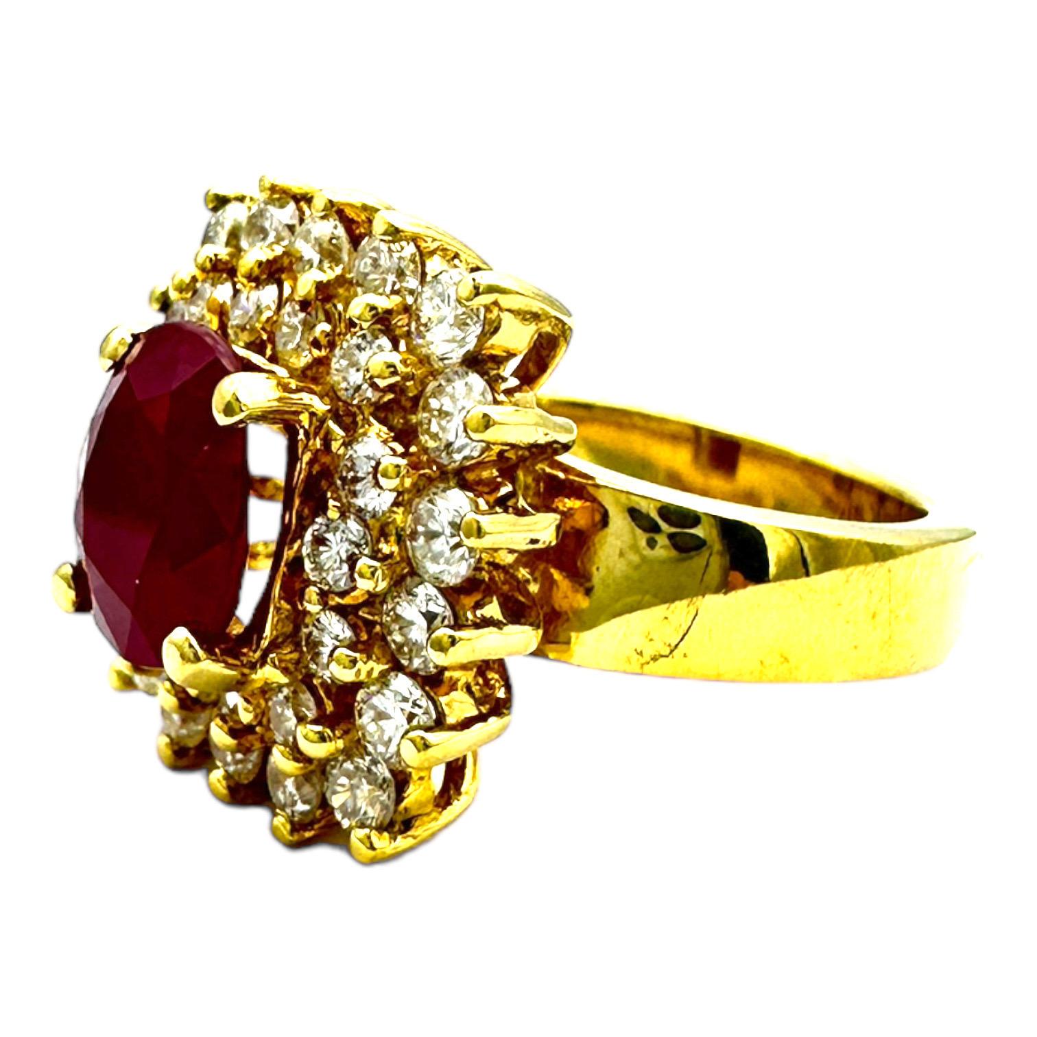 18 Karat Yellow Gold 2.10ct Burma Ruby and Diamond Halo Cluster Ring In Good Condition For Sale In Laguna Hills, CA