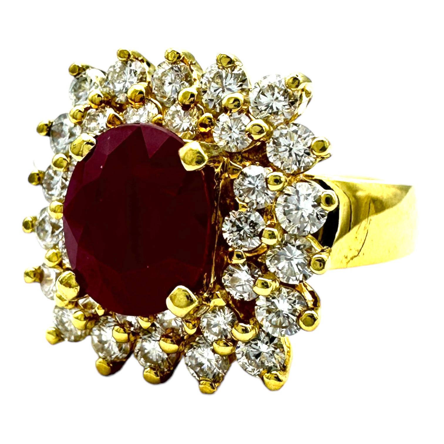 Women's or Men's 18 Karat Yellow Gold 2.10ct Burma Ruby and Diamond Halo Cluster Ring For Sale