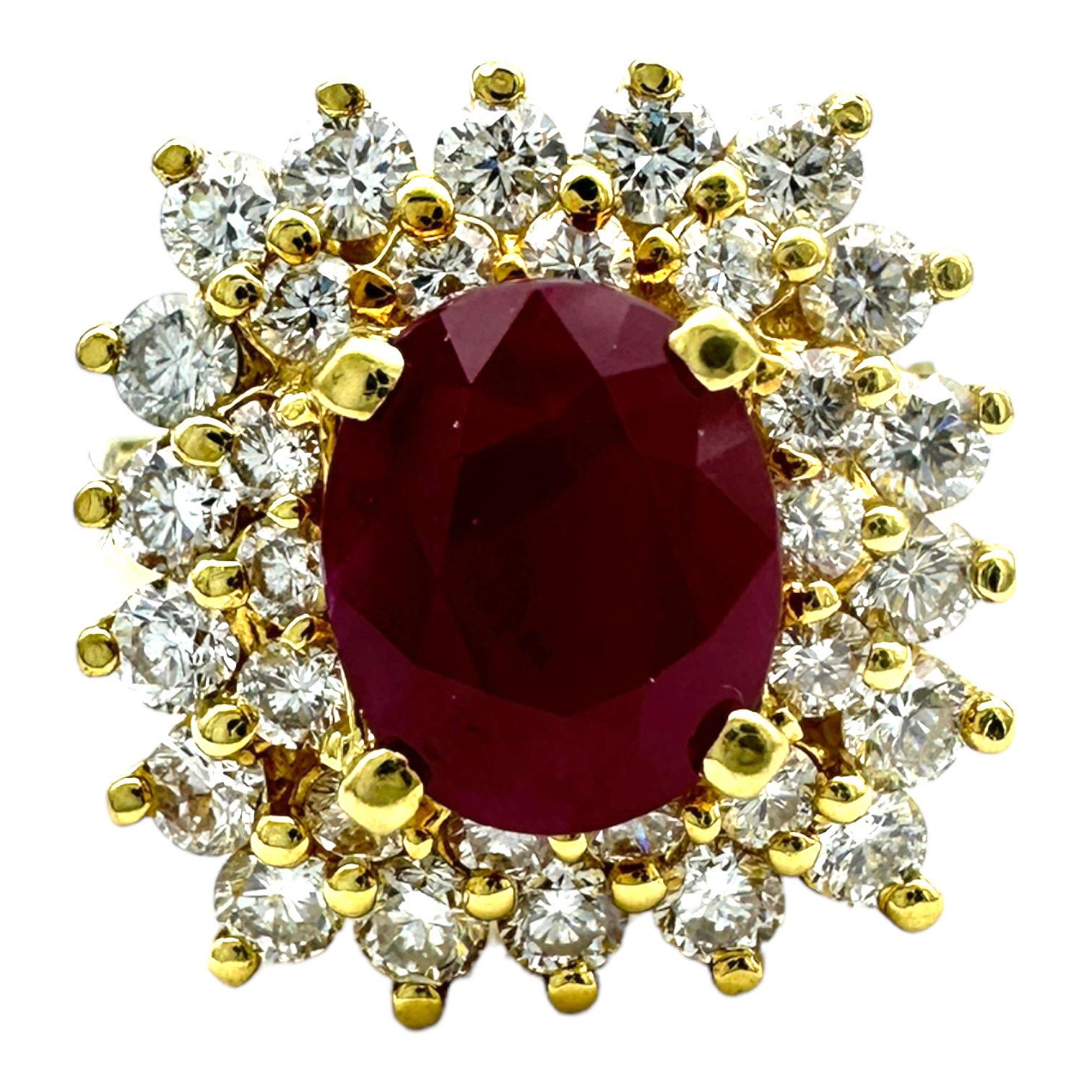 18 Karat Yellow Gold 2.10ct Burma Ruby and Diamond Halo Cluster Ring For Sale 1