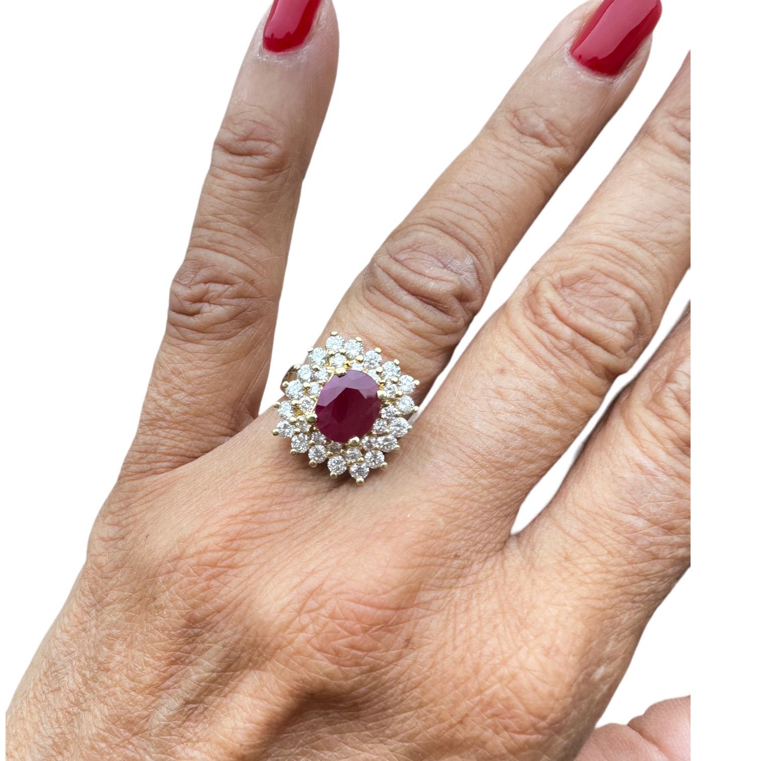 18 Karat Yellow Gold 2.10ct Burma Ruby and Diamond Halo Cluster Ring For Sale 2