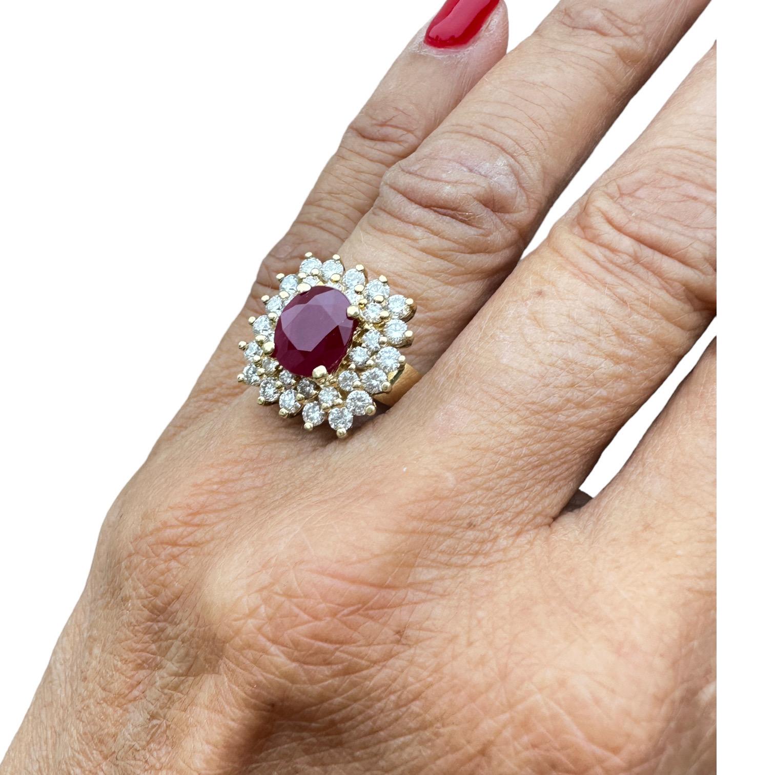 18 Karat Yellow Gold 2.10ct Burma Ruby and Diamond Halo Cluster Ring For Sale 3