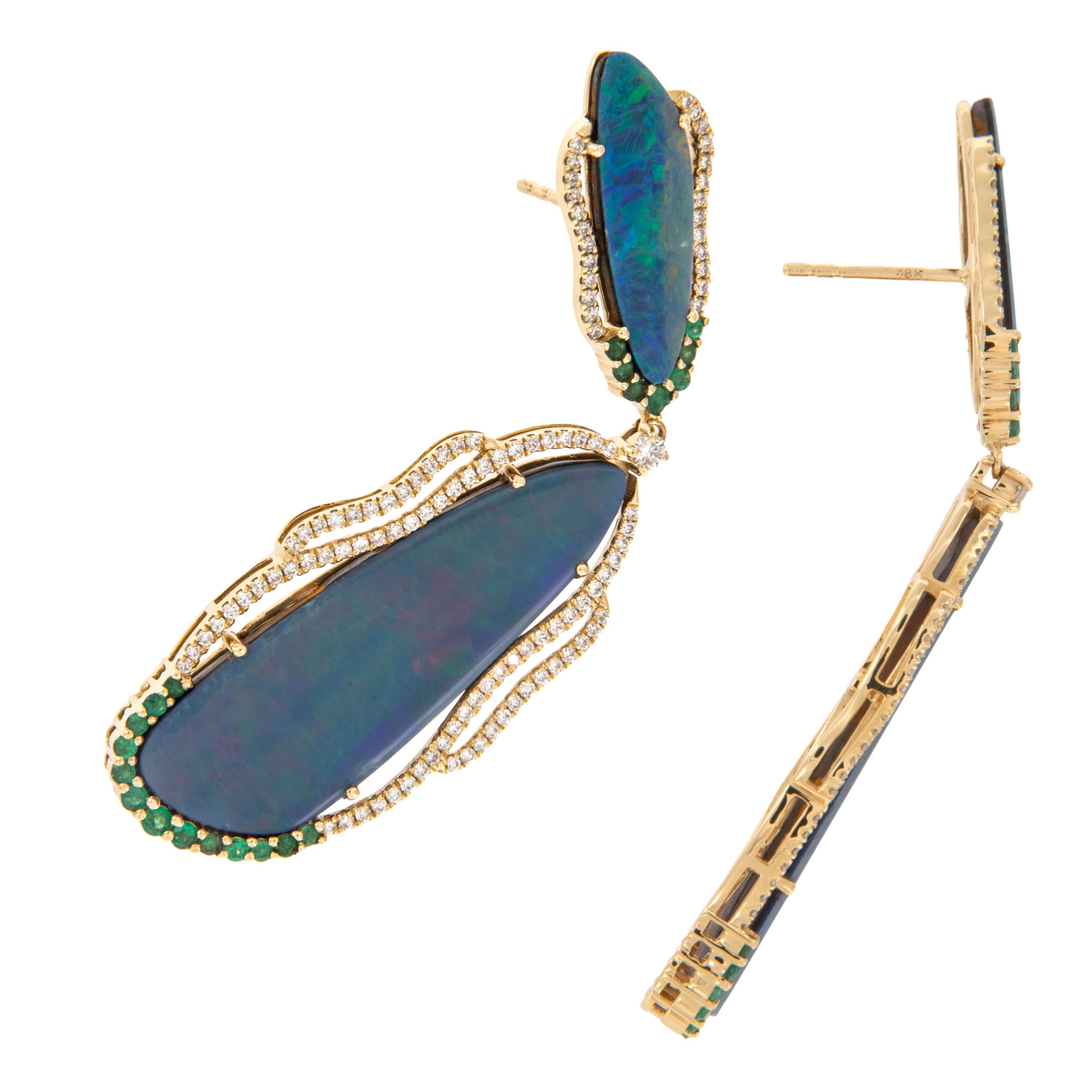 Contemporary 18 Karat Yellow Gold 21.17Ct Boulder Opal Doublet Emerald Diamond Drop Earrings For Sale