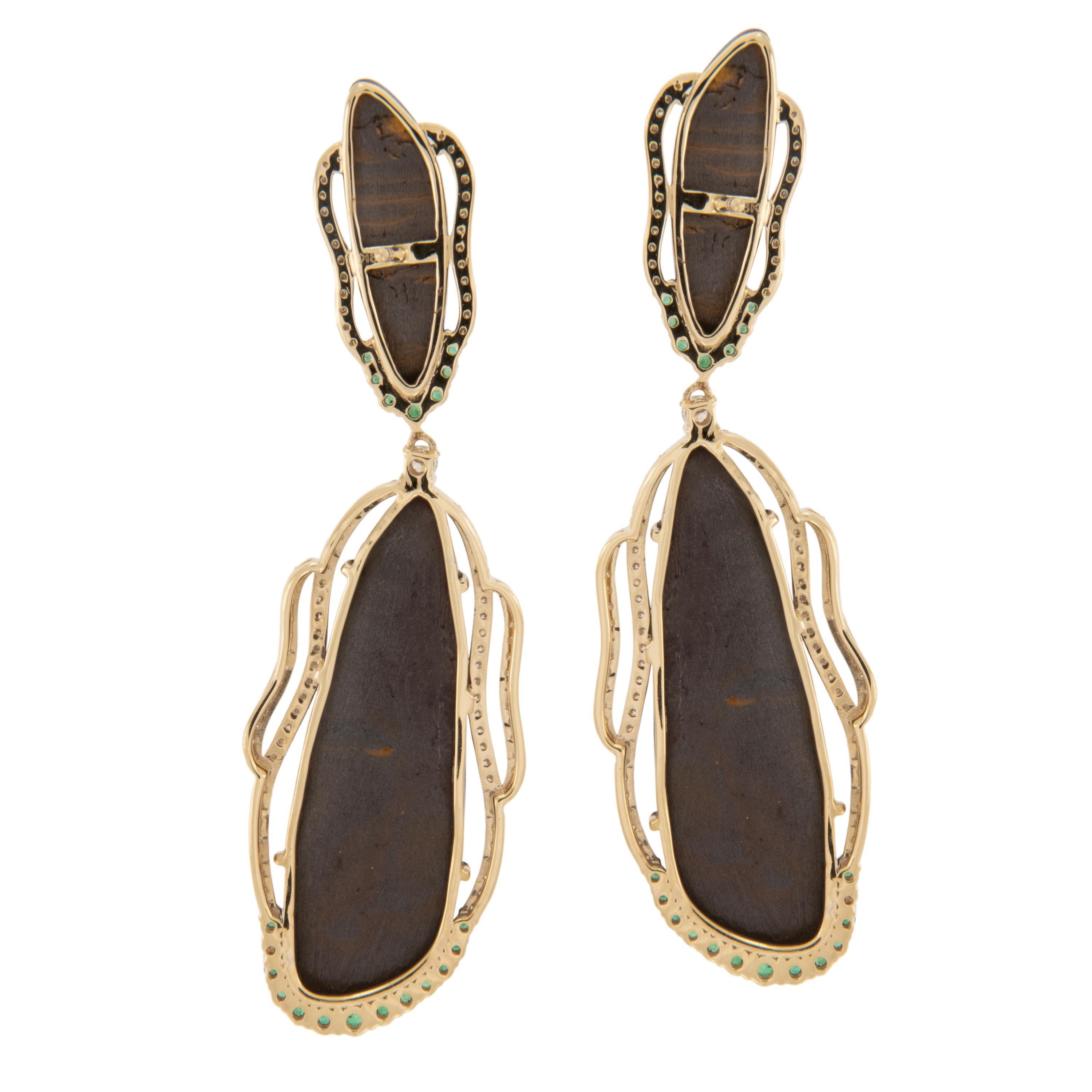 Round Cut 18 Karat Yellow Gold 21.17Ct Boulder Opal Doublet Emerald Diamond Drop Earrings For Sale
