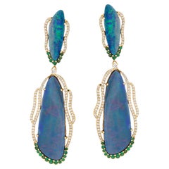 Pendientes gota de oro amarillo de 18 quilates 21,17 quilates Ópalo de Boulder Doblete Esmeralda Diamante