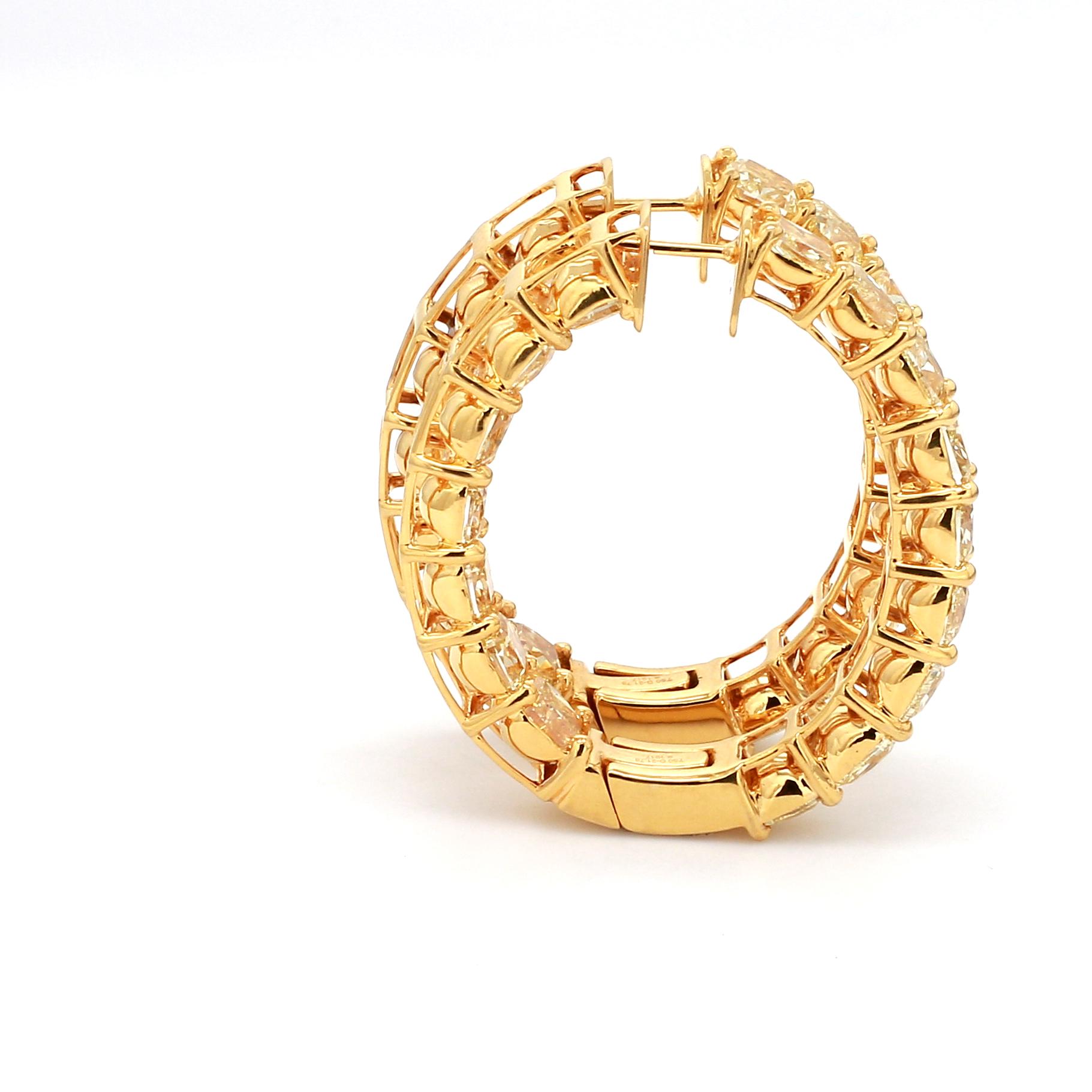 Modern 18 Karat Yellow Gold 21.76 Carat Fancy Yellow Diamond Hoop Earrings For Sale