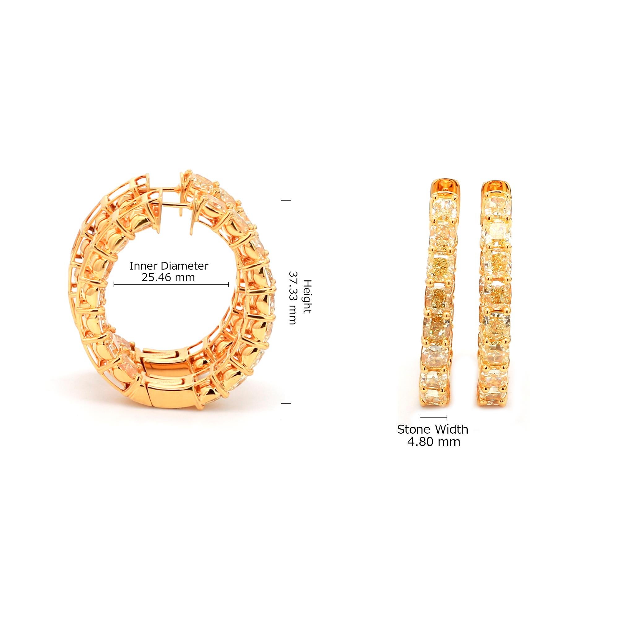 Radiant Cut 18 Karat Yellow Gold 21.76 Carat Fancy Yellow Diamond Hoop Earrings For Sale