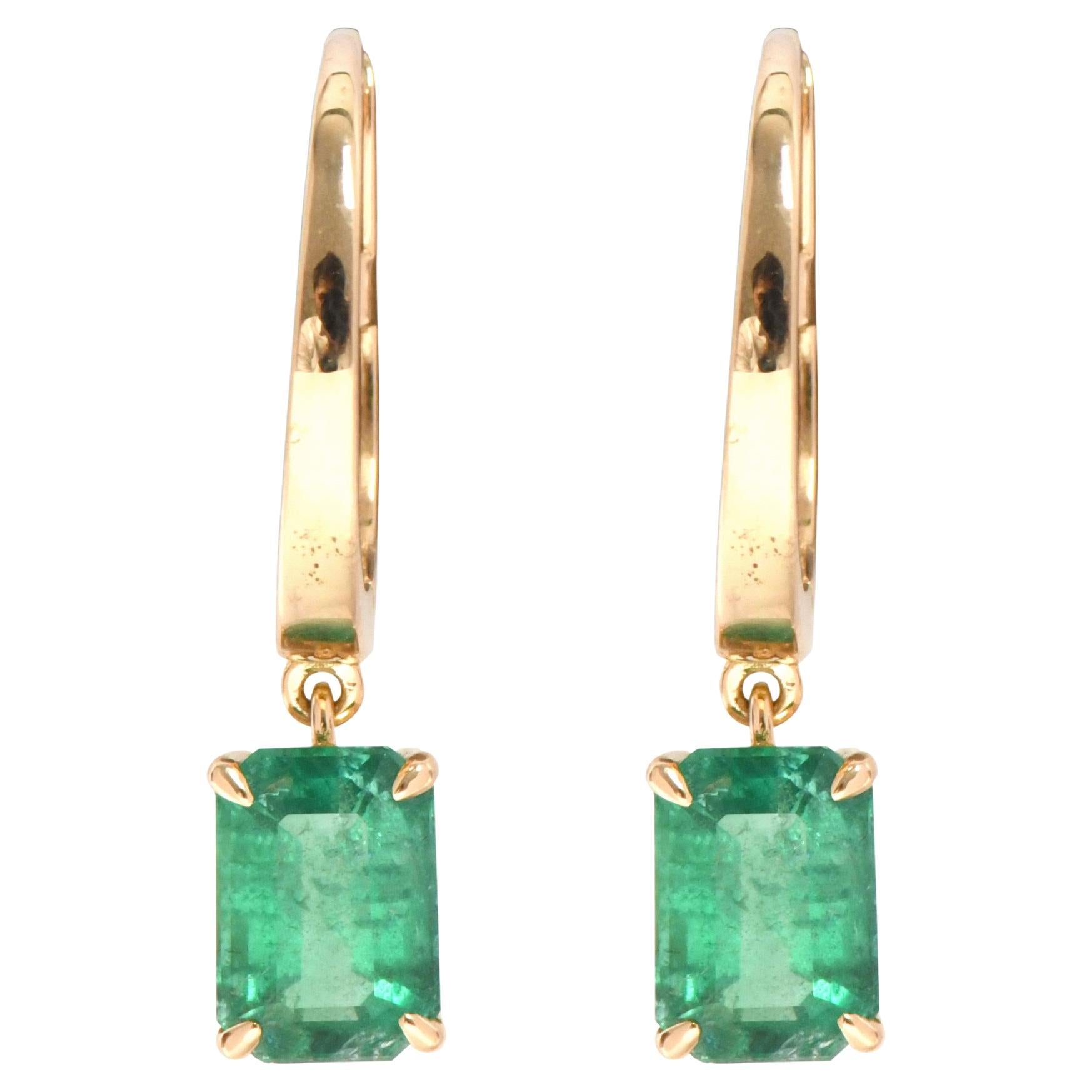 18 Karat Yellow Gold 2.22 Carats Natural Emerald Dangle Earrings