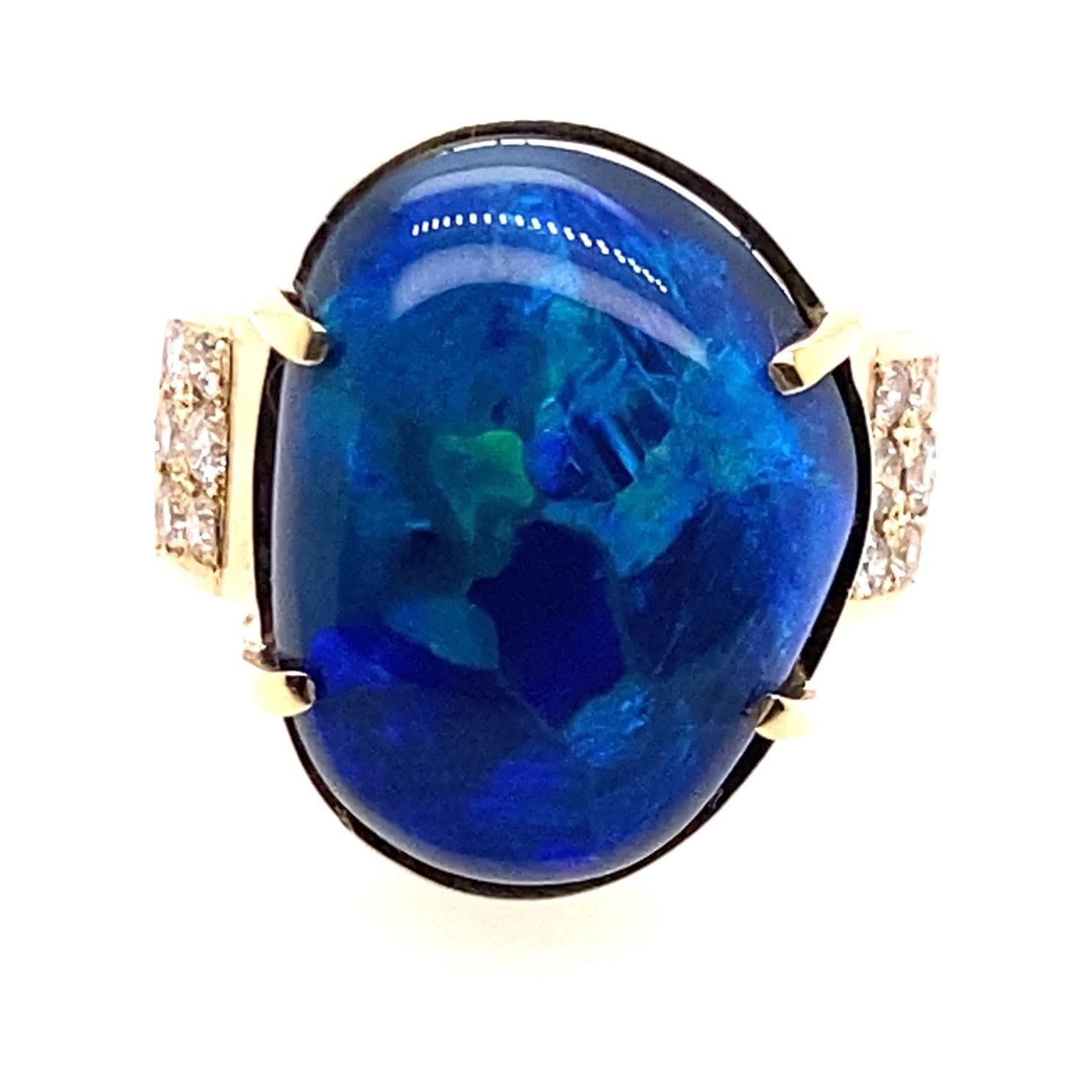 Cabochon 18 Karat Yellow Gold 23 Carat Australian Black Opal Diamond Cocktail Ring For Sale