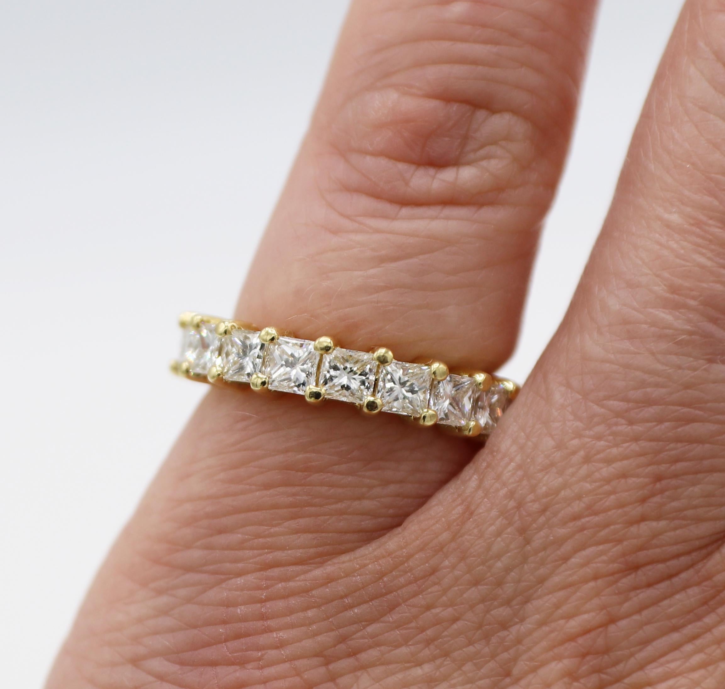 18 Karat Yellow Gold 2.30 Carat Princess Cut Diamond Eternity Band Ring In Excellent Condition In  Baltimore, MD