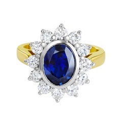 18 Karat Yellow Gold 2.35 Carat Natural Australian Blue Sapphire 12 Diamond Ring