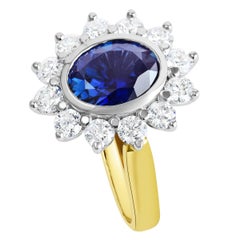 18 Karat Yellow Gold 2.35 Carat Natural Australian Blue Sapphire 12 Diamond Ring