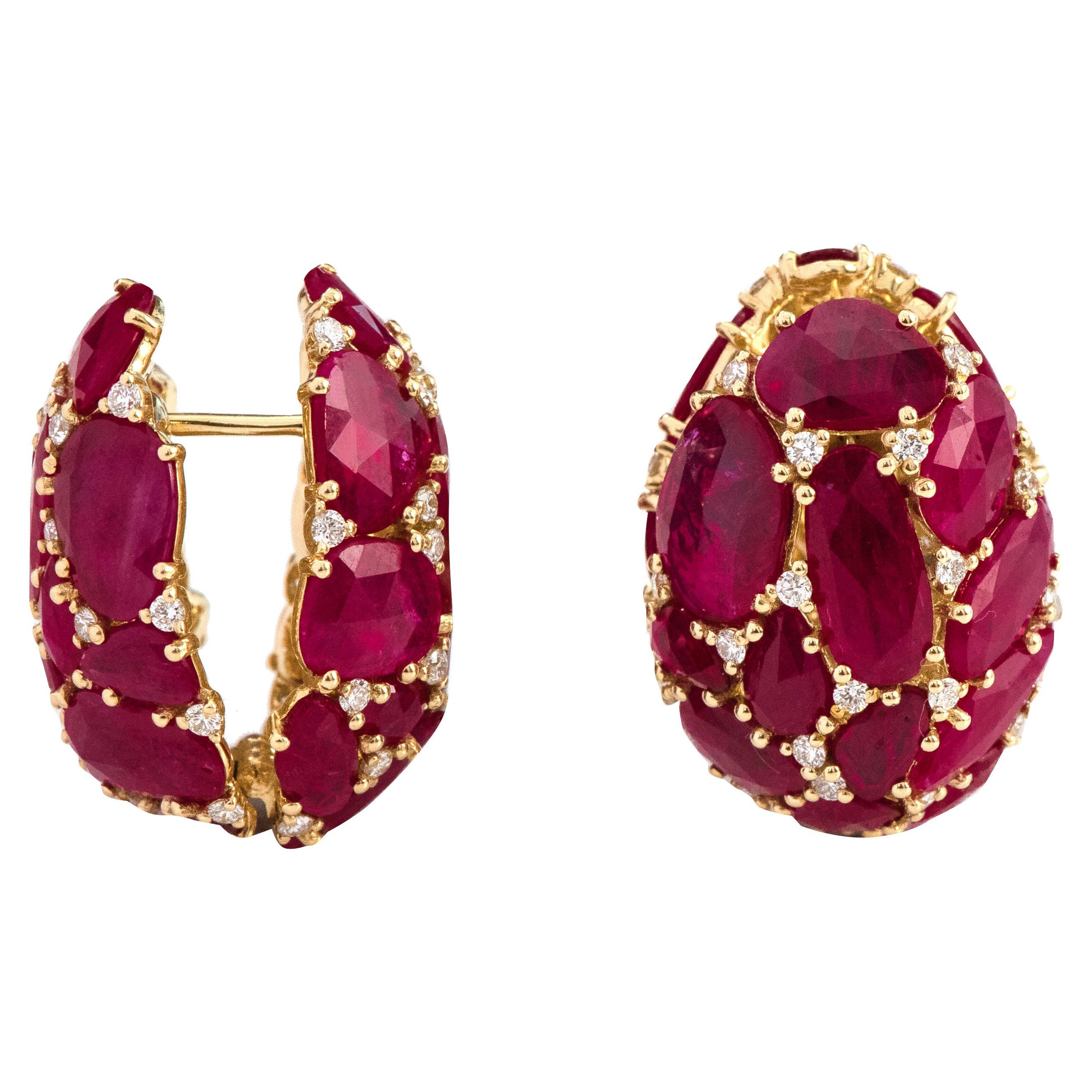 18 Karat Yellow Gold 24.92 Cara Ruby and Diamond Stud "Two-Way" Earrings For Sale
