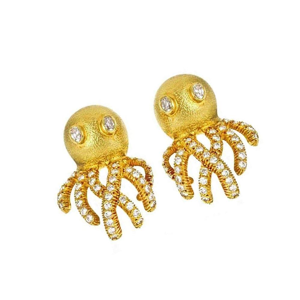 18 Karat Yellow Gold 2.7 Carat Diamond OCTOPUS Earrings by John Landrum Bryant In New Condition For Sale In New York, NY