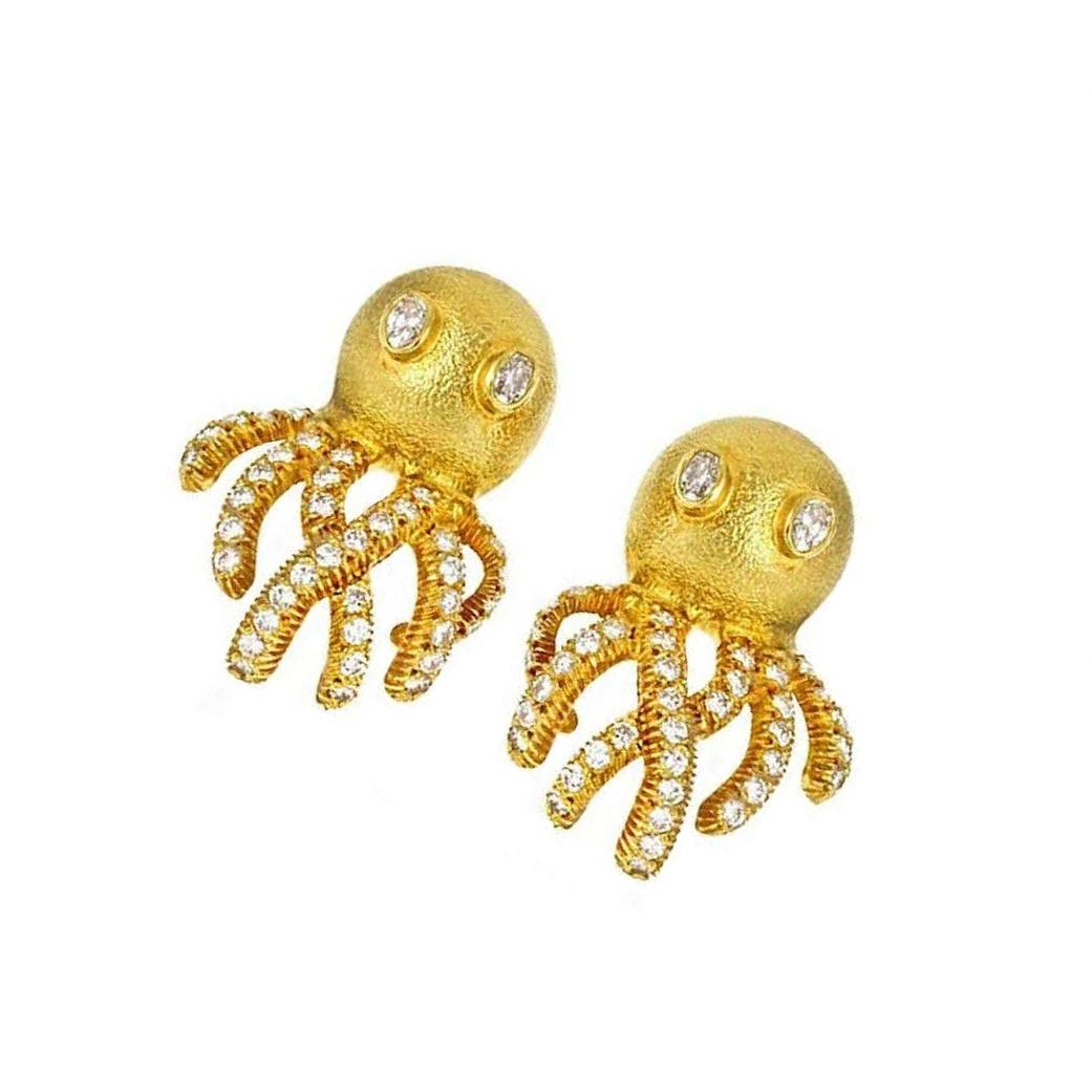 Women's 18 Karat Yellow Gold 2.7 Carat Diamond OCTOPUS Earrings by John Landrum Bryant For Sale